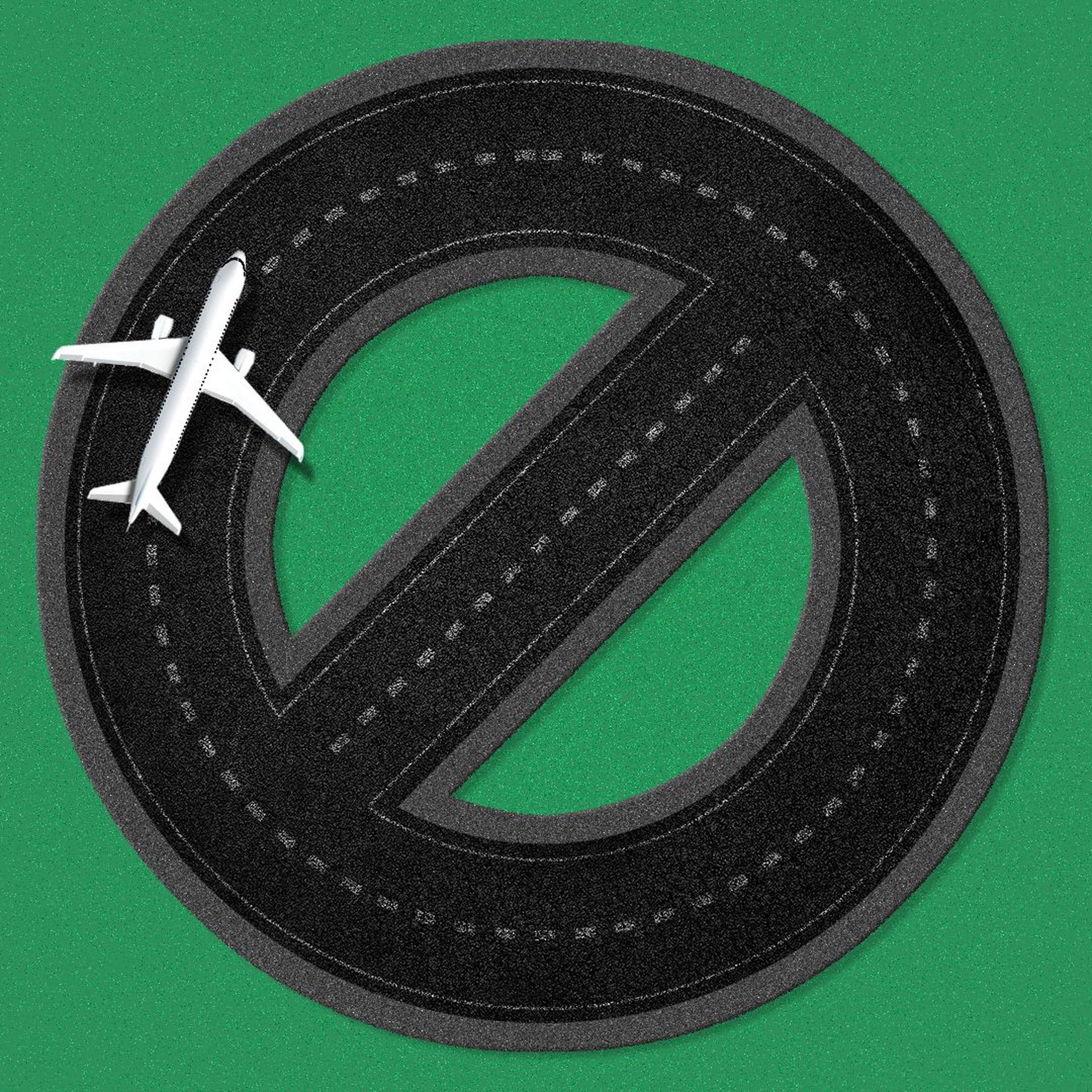 Illustration of an airplane on a runway shaped like a "no" symbol.