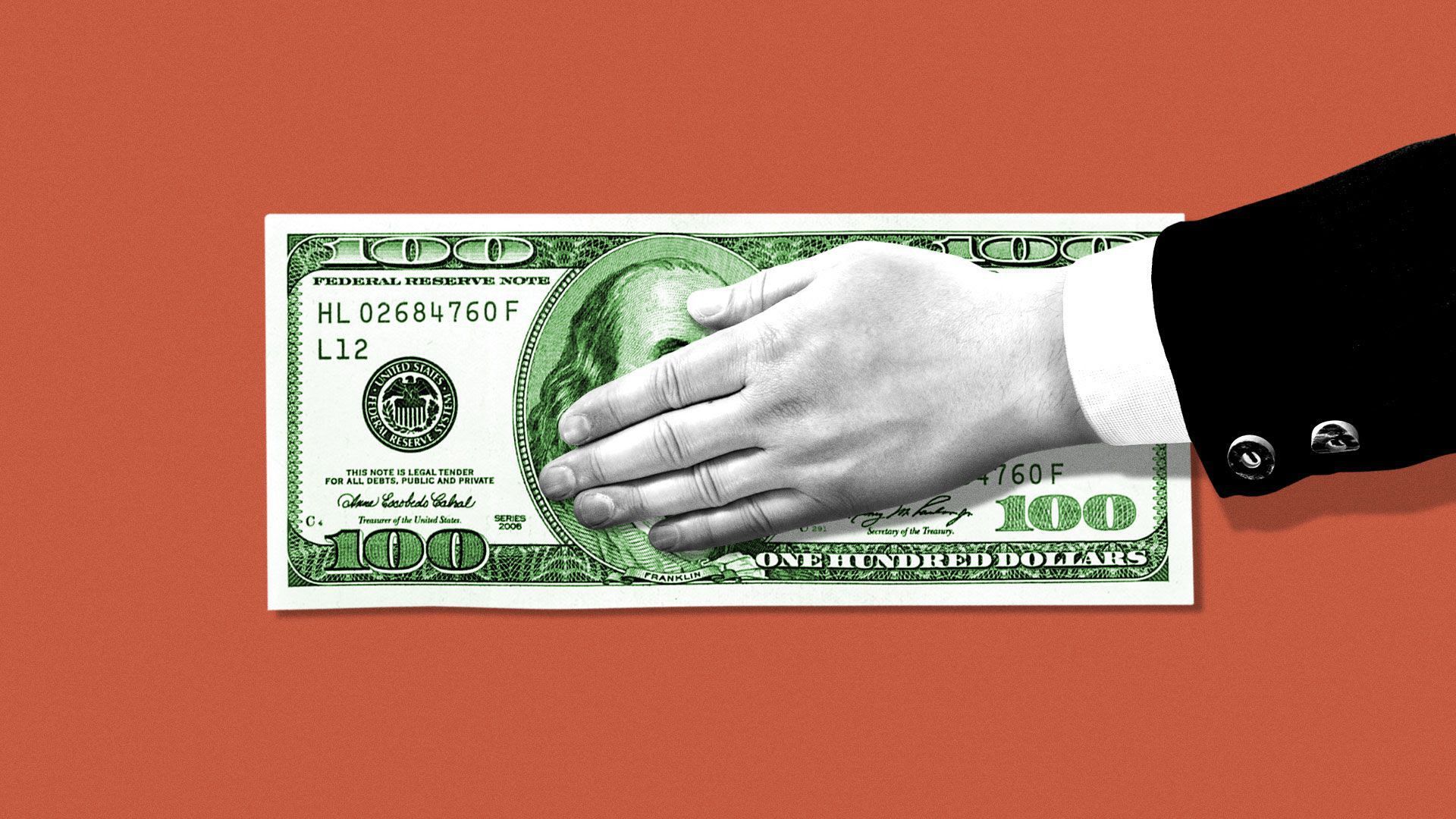 An illustration of a hand slapping down on a dollar bill