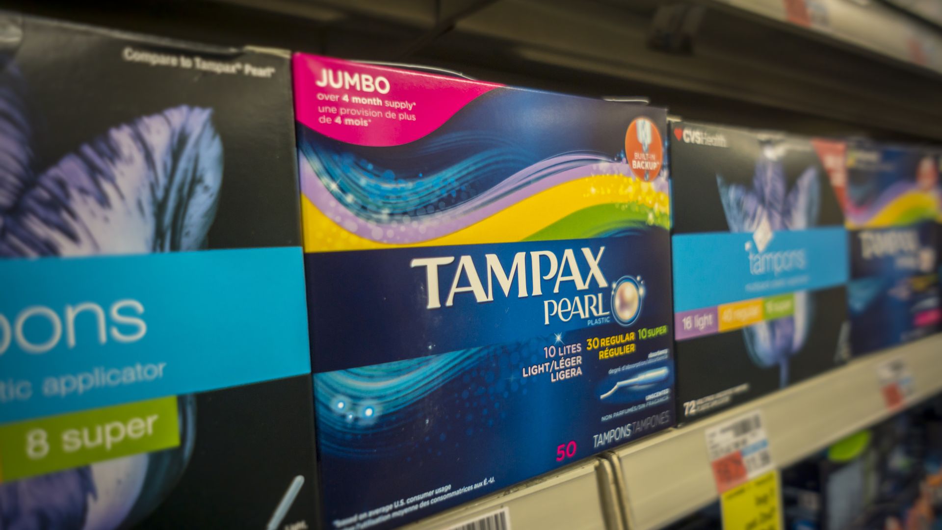 Packages of Tampax brand tampons on a drugstore shelf in New York on Wednesday, February 10, 2016.