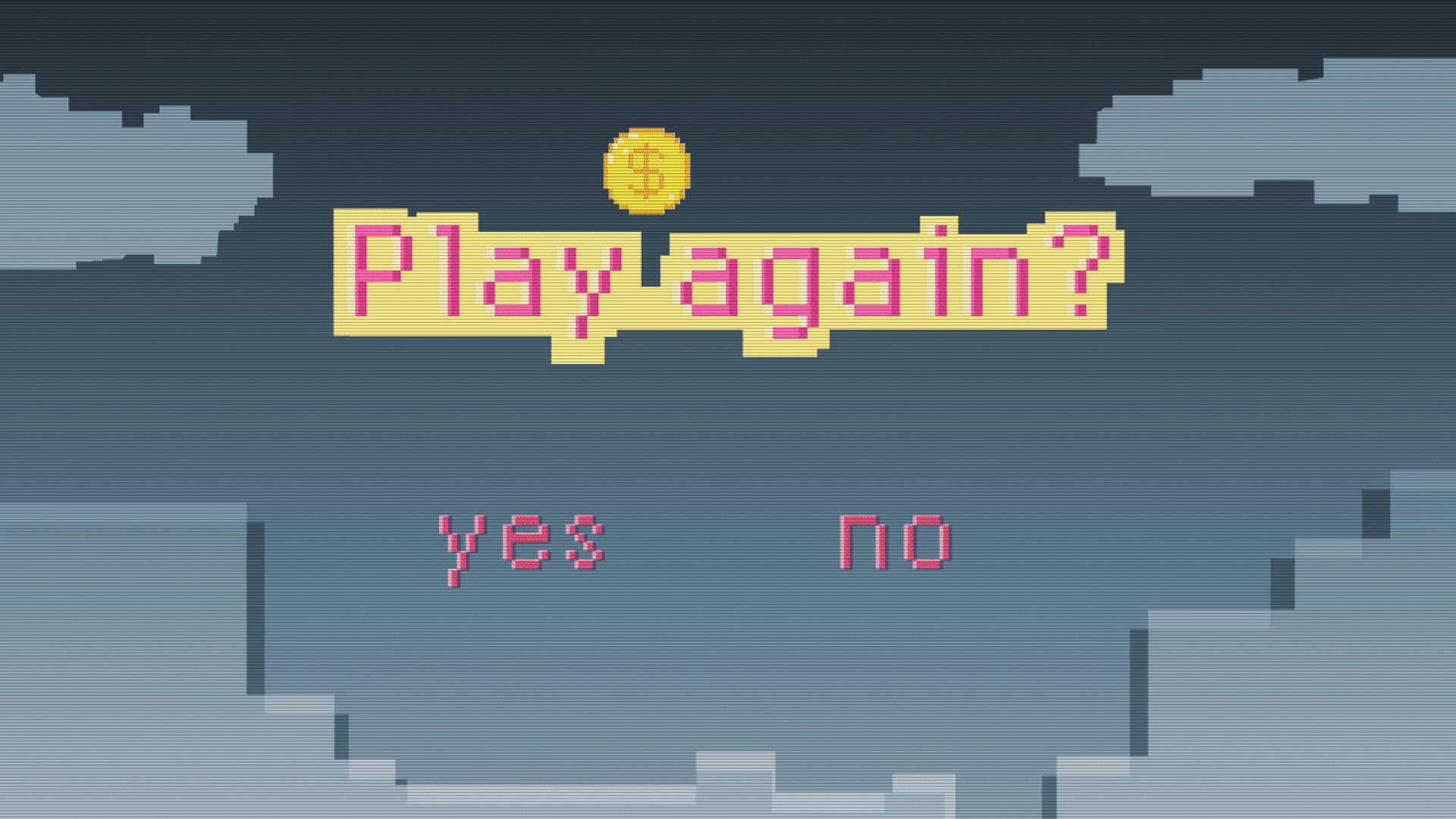 Animated illustrated of a video game screen prompting the player to play again, with a coin cursor scrolling over "yes" and "no" 