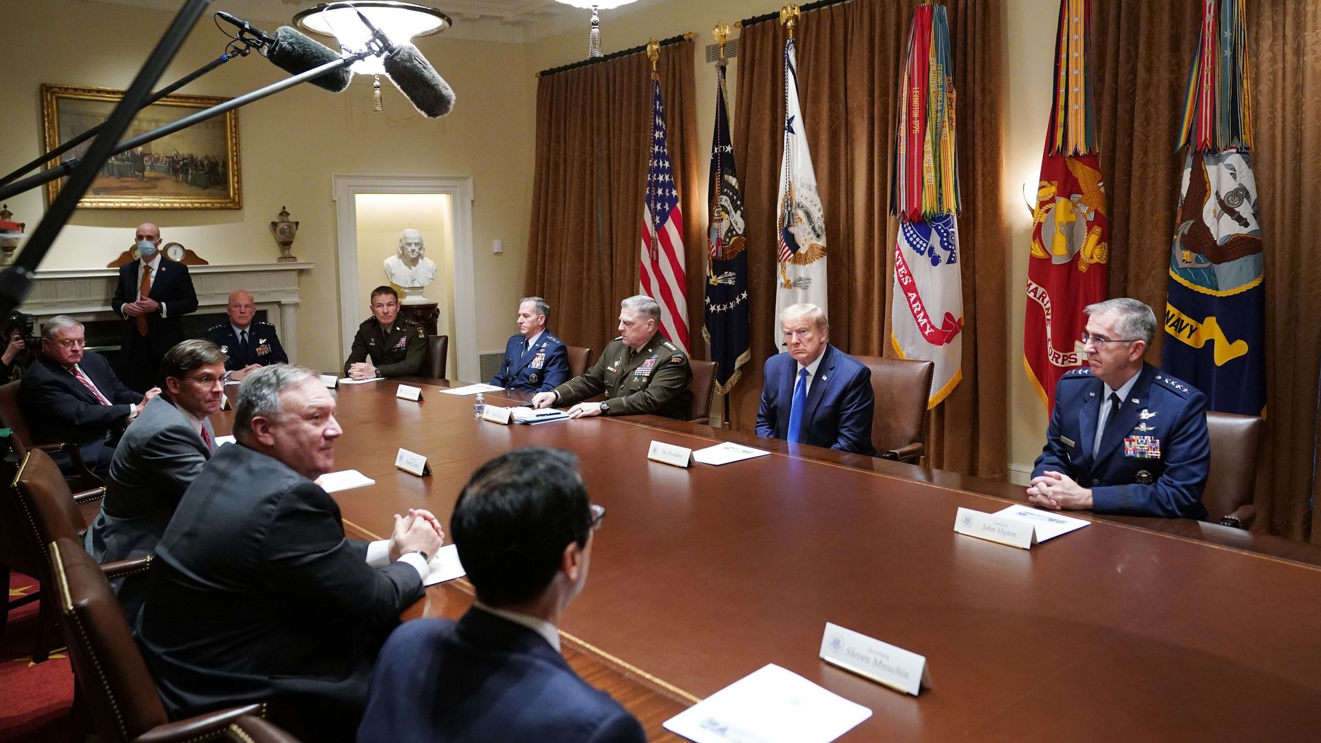Photo of Donald Trump and members of the Joint Chiefs of Staff sitting around a table with other military leaders