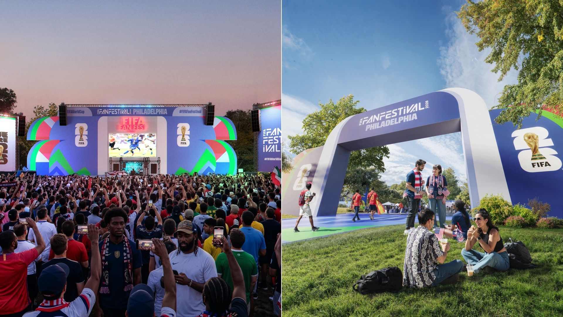 Split view: left shows a crowded FIFA Fan Fest stage at sunset with a large screen and colorful arches; right shows festival-goers on grass near a curved arch labeled "FIFA Fan Festival Philadelphia".