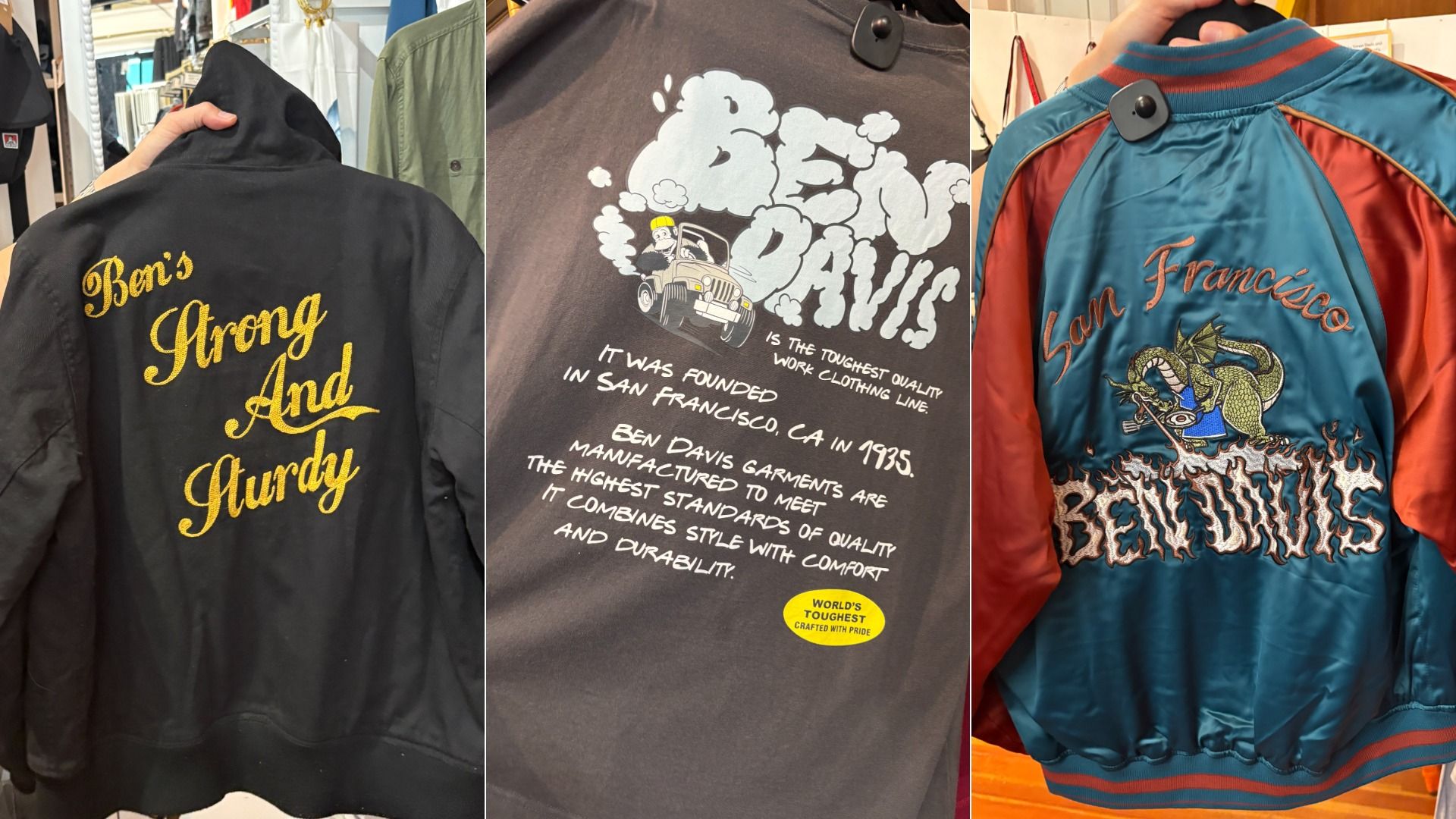 Triptych of jackets: left black with gold cursive script, center gray tee with cloud illustration and cartoon car, right teal bomber with "San Francisco" and dragon graphic.