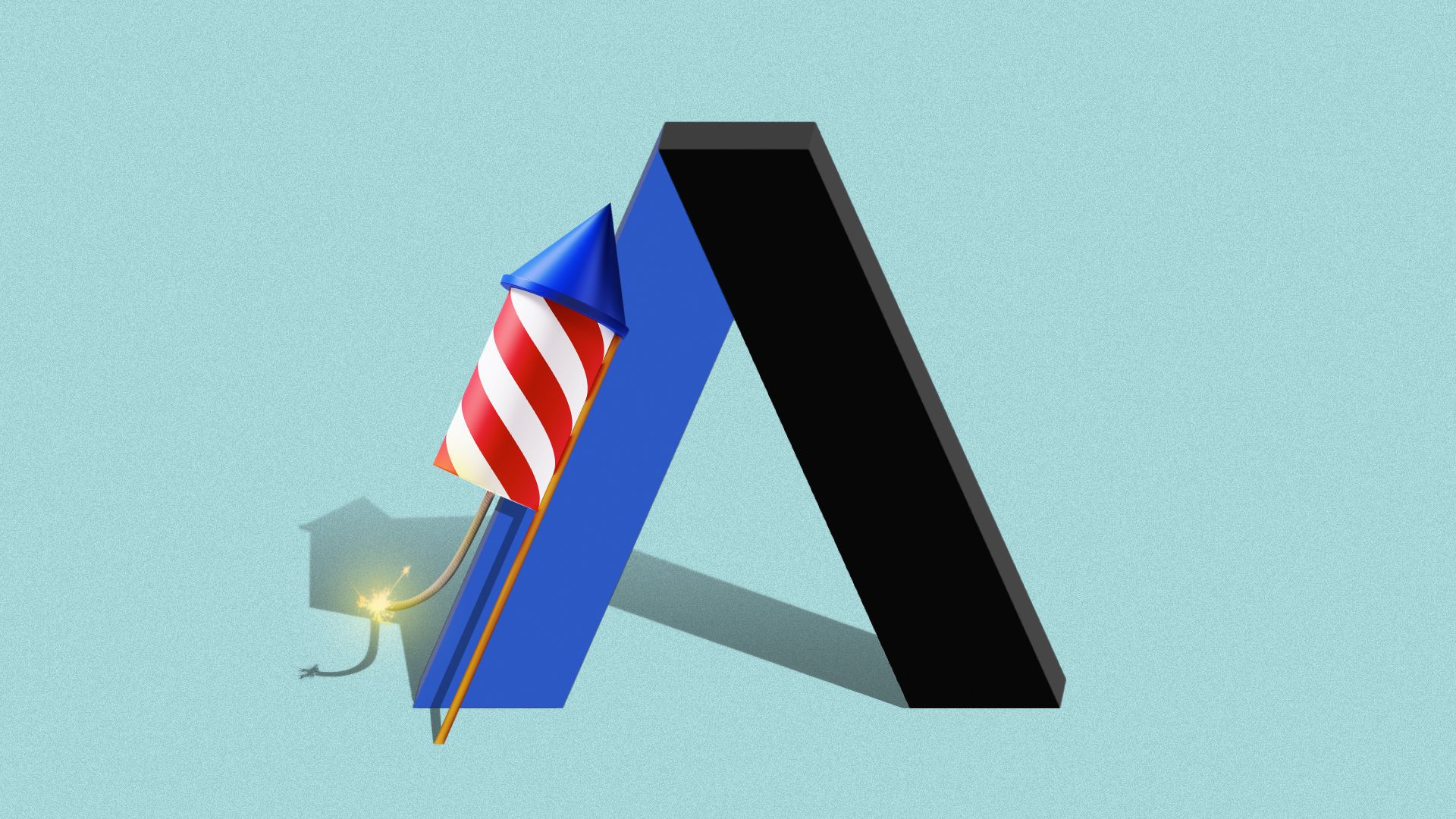 Illustration of the Axios "A" with a firework leaning against it. 
