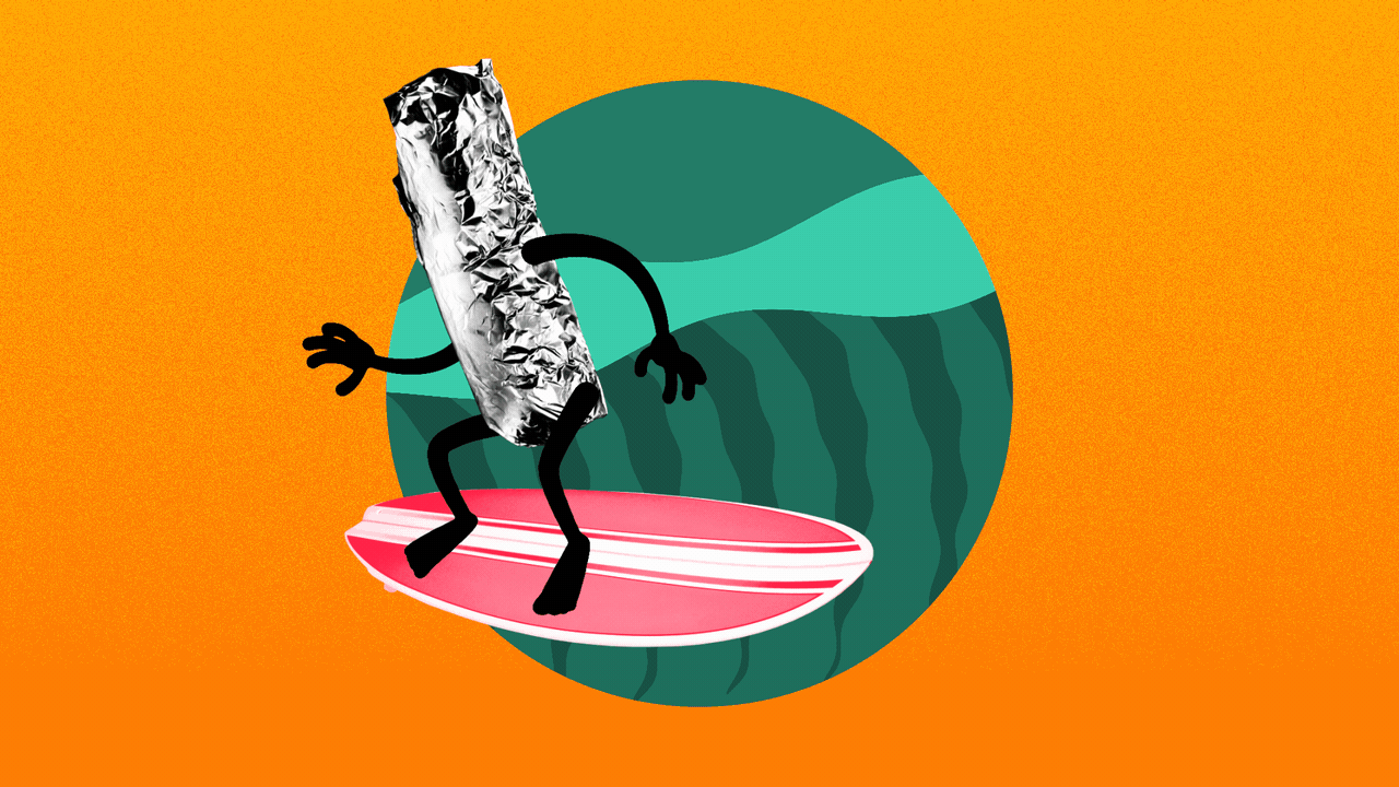 Animated illustration of a burrito, wrapped in tin foil, with arms and legs, surfing.