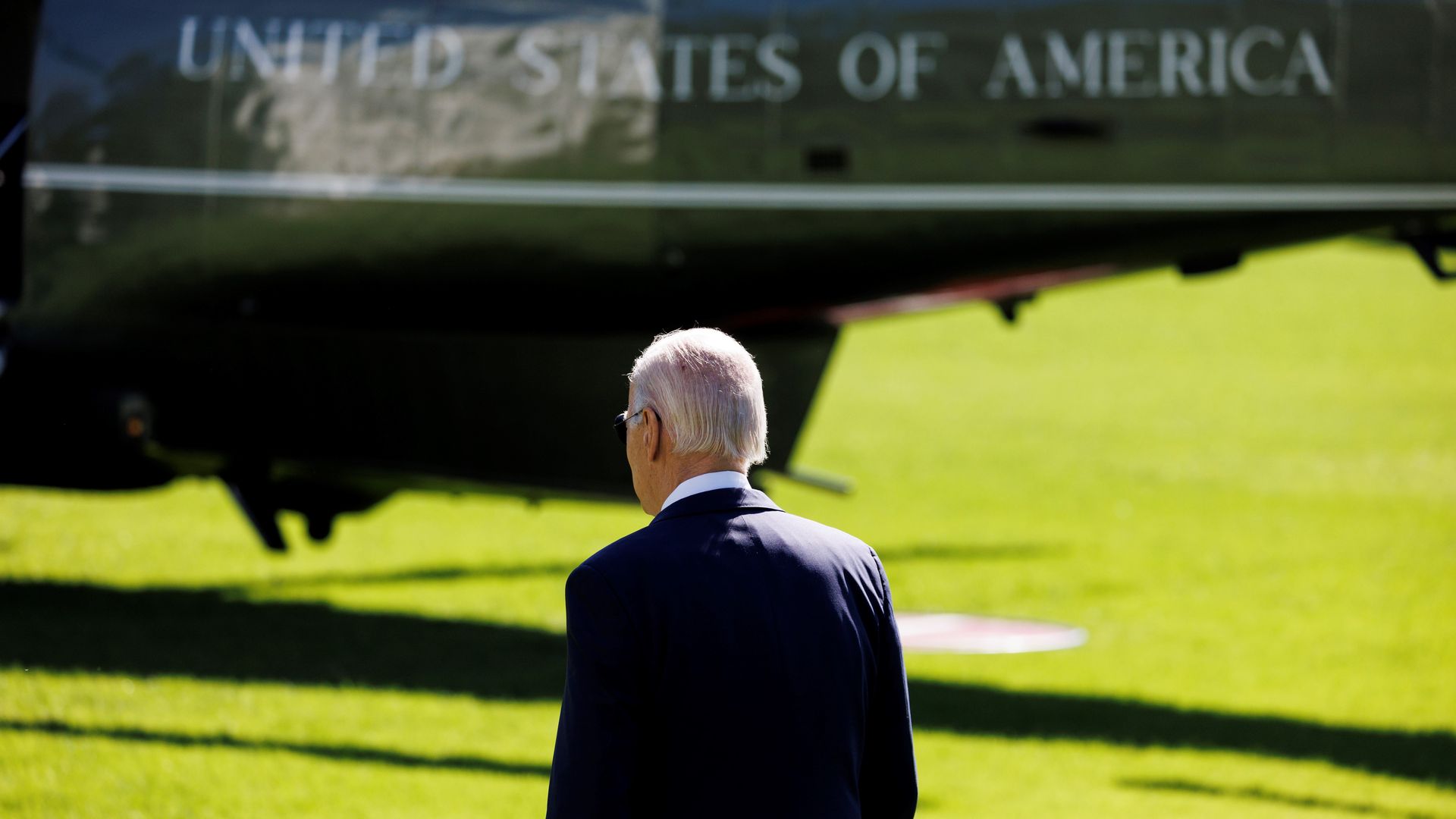 U.S. President Joe Biden walks on the South Lawn to board Marine One at the White House in Washington, D.C.