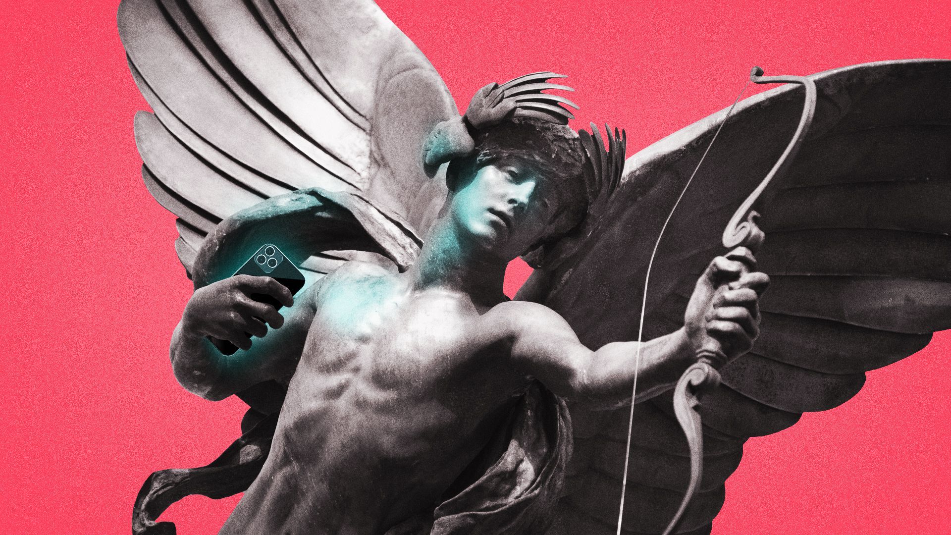 Illustration of a Cupid statue holding an iPhone in one hand and a bow in the other. 