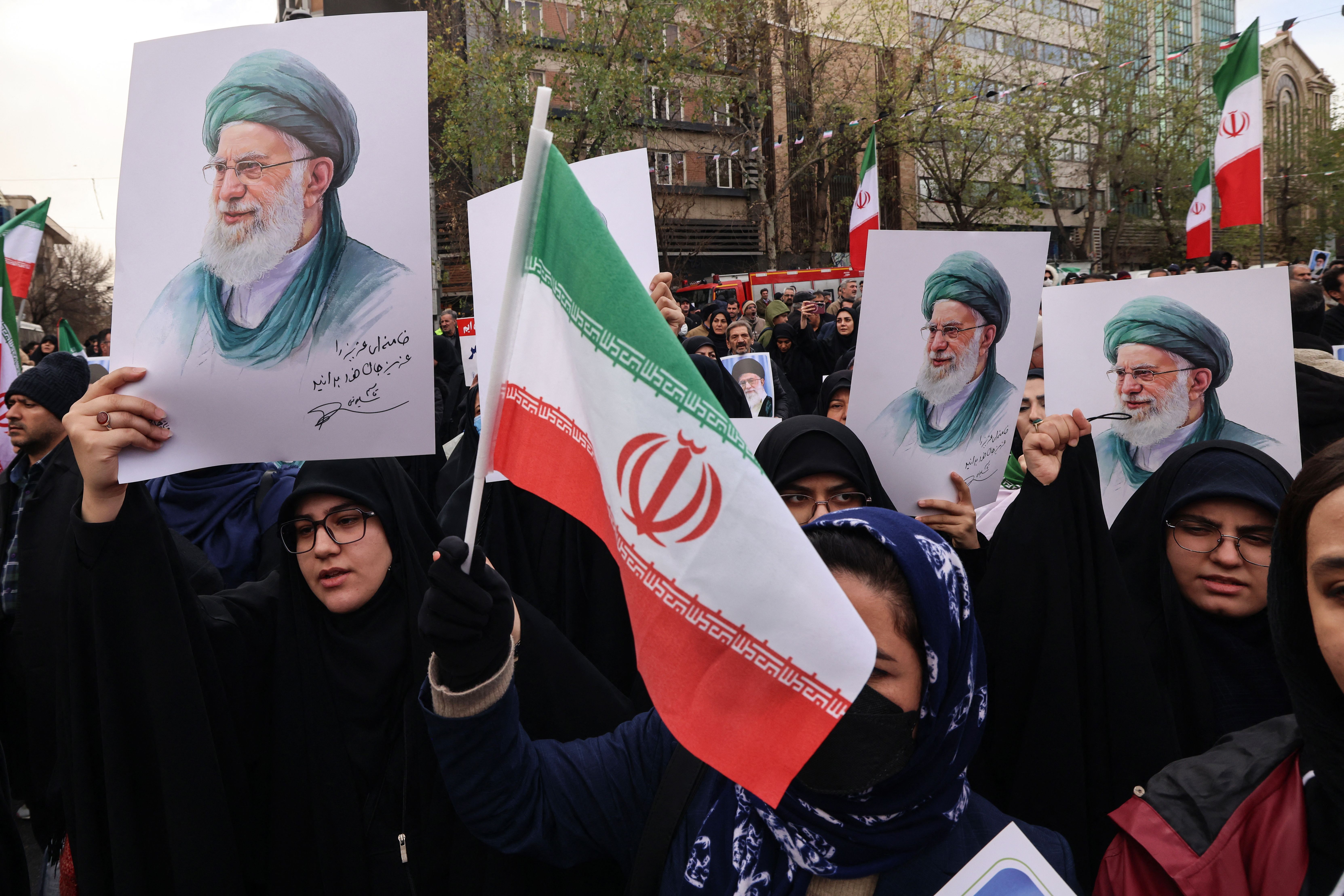 Supporters of Iranian Supreme Leader Ayatollah Ali Khamenei demonstrate in Tehran earlier today. Photo: Atta Kenare / AFP via Getty Images