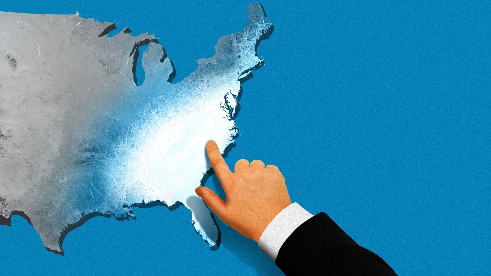 Illustration of a hand touching the United States and freezing it.
