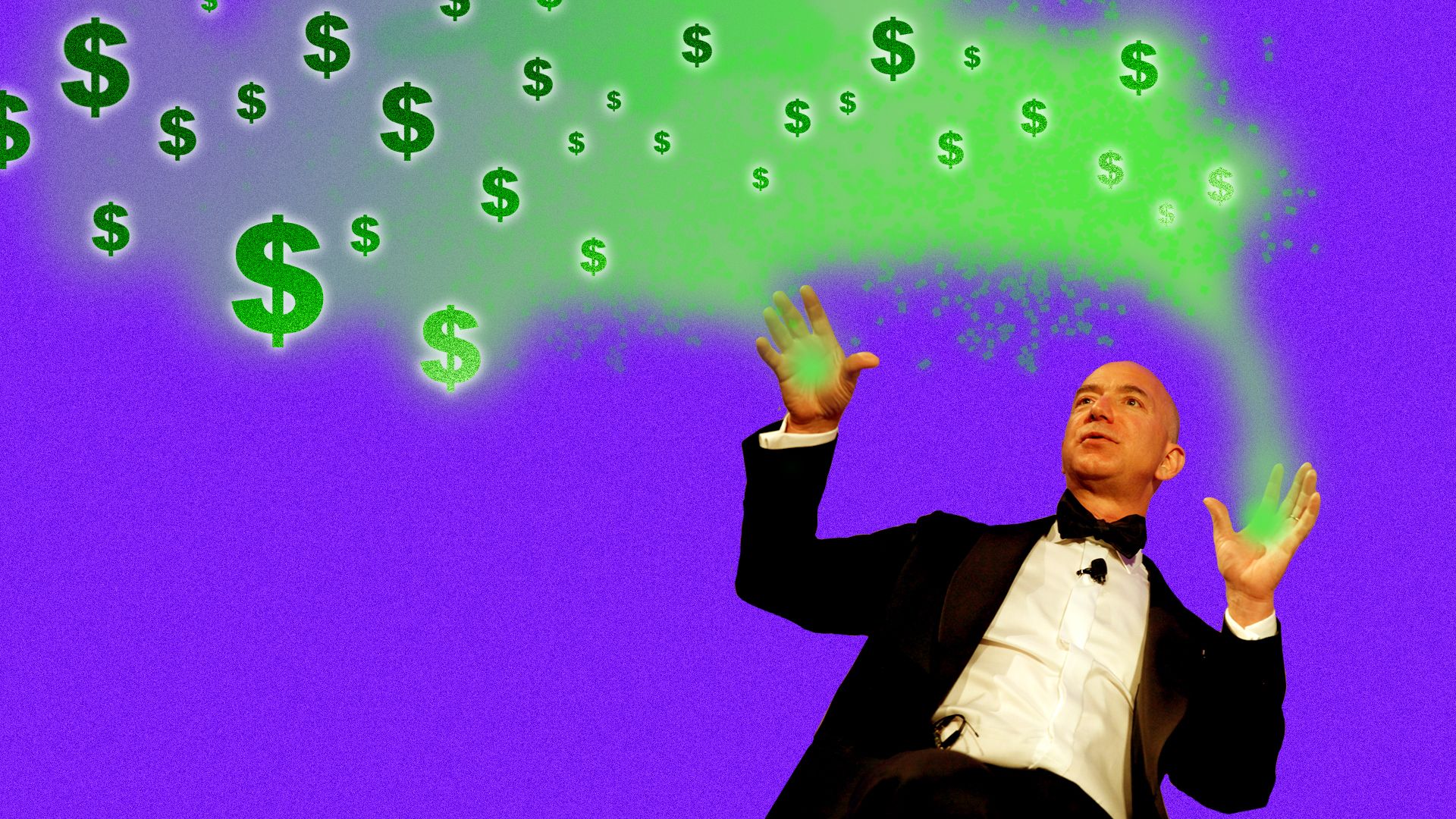 Jeff Bezos in a tuxedo, with green fog and dollar signs emanating from his hands