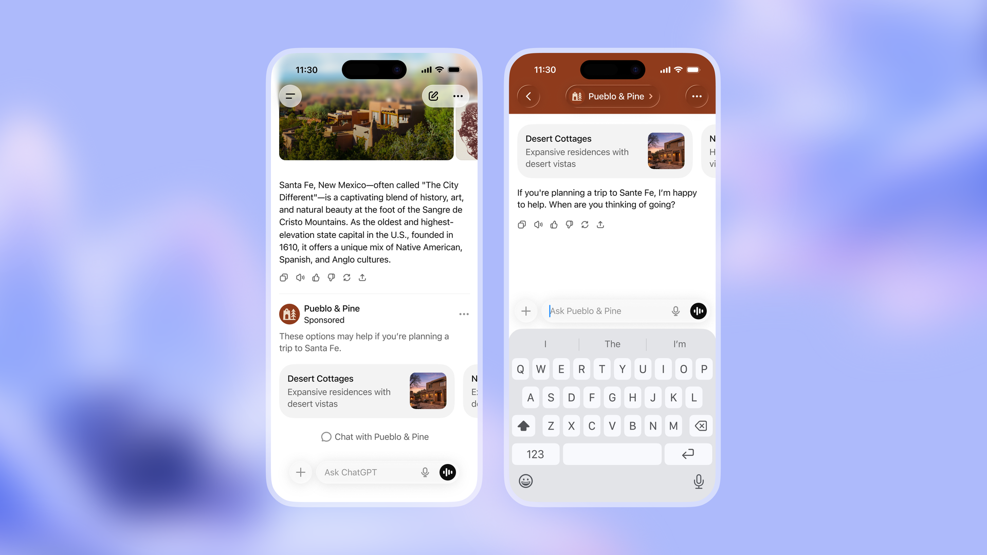 Two smartphones showing a chat with Pueblo & Pine about travel to Santa Fe, New Mexico, including text about the city and options like Desert Cottages with desert vista images.