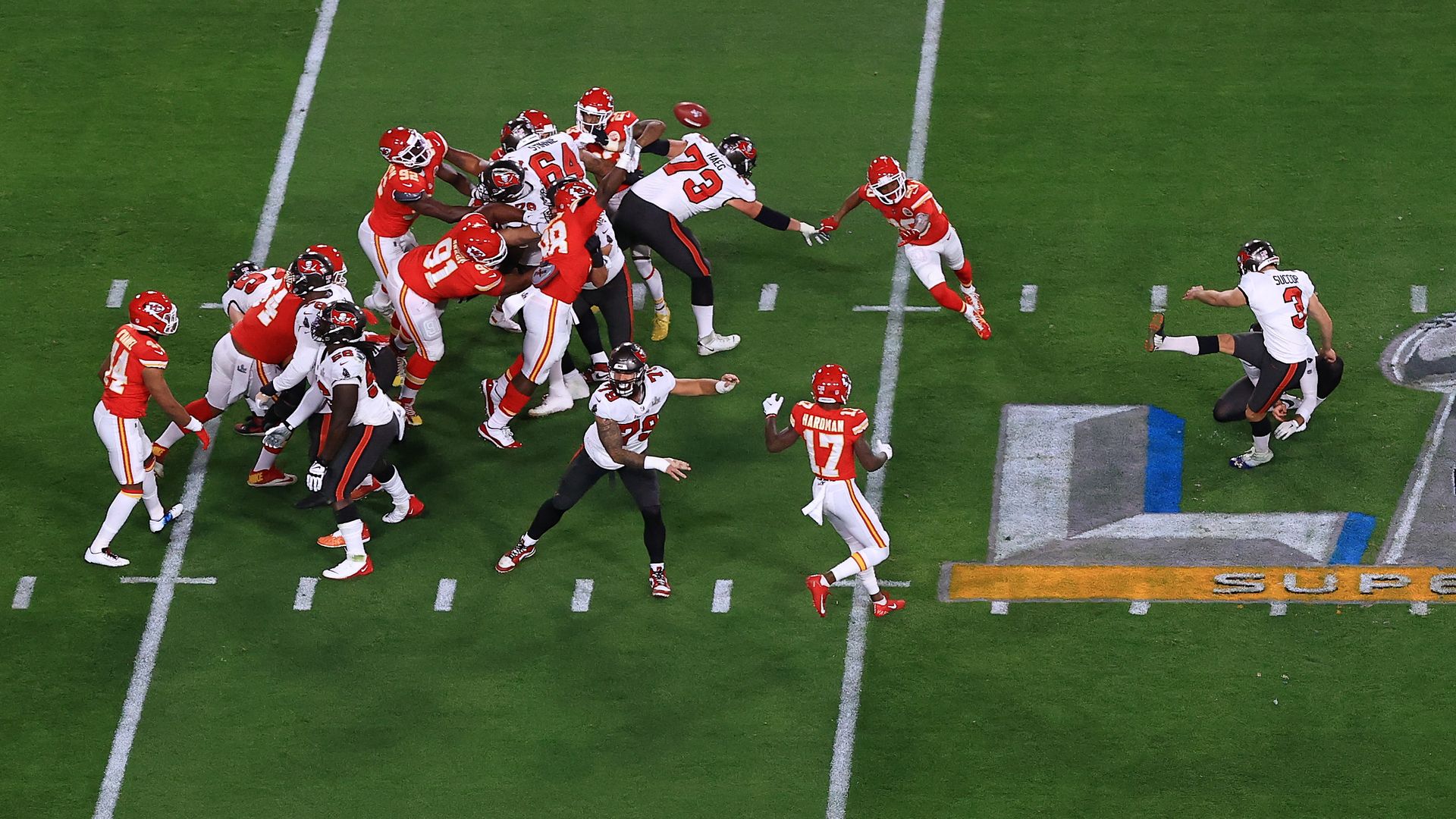 Ryan Succop #3 of the Tampa Bay Buccaneers kicks during the first quarter against the Kansas City Chiefs in Super Bowl LV at Raymond James Stadium on February 07, 2021 in Tampa, Florida