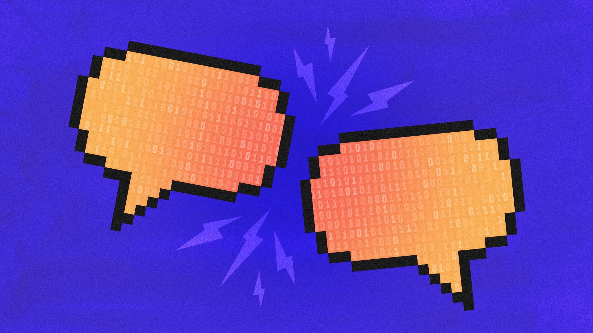Illustration of two pixelated speech bubbles containing binary code clashing against each other.