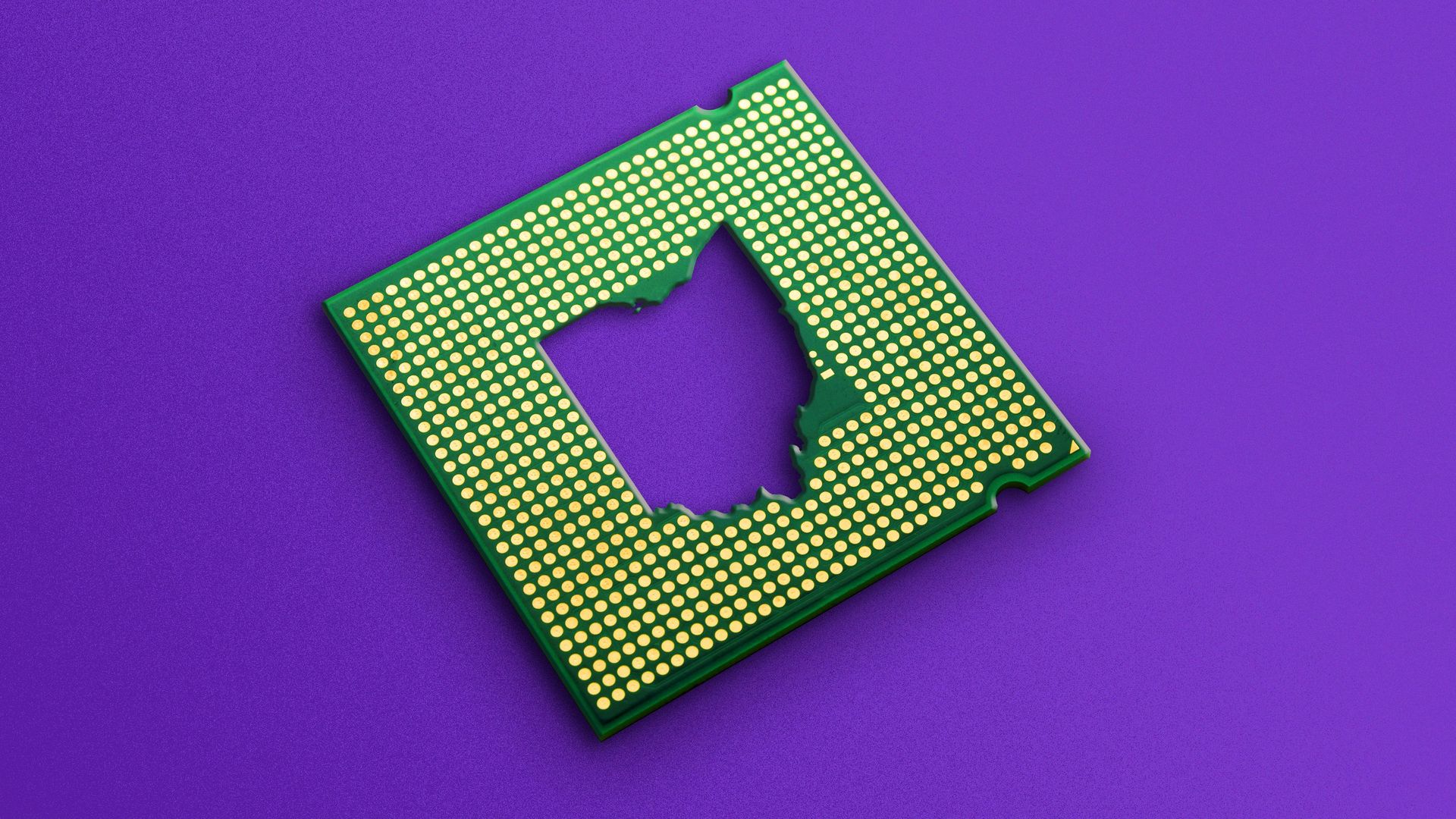 Illustration of a semiconductor chip with the shape of Ohio cut out of the center.