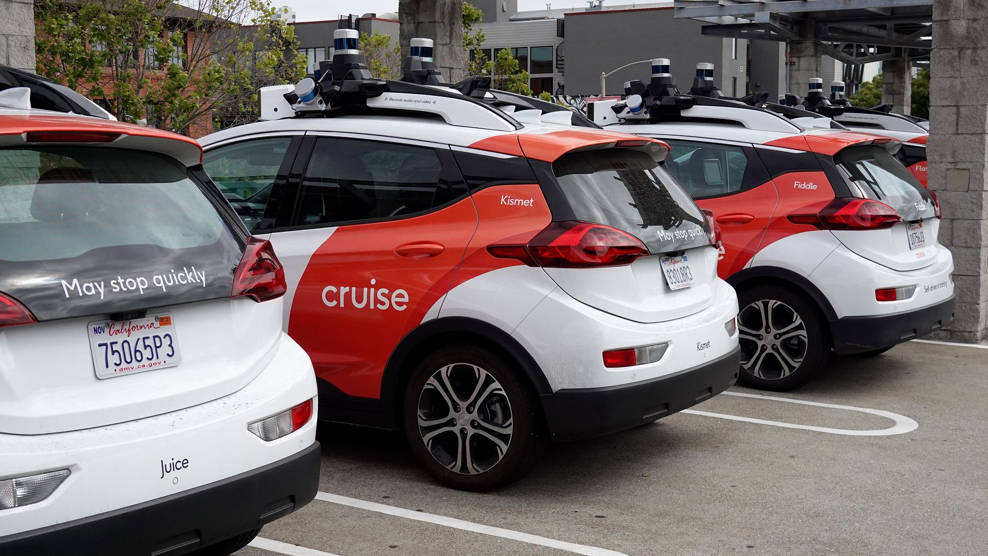 Chevrolet Cruise autonomous vehicles sit parked in a lot on June 08, 2023 in San Francisco, California