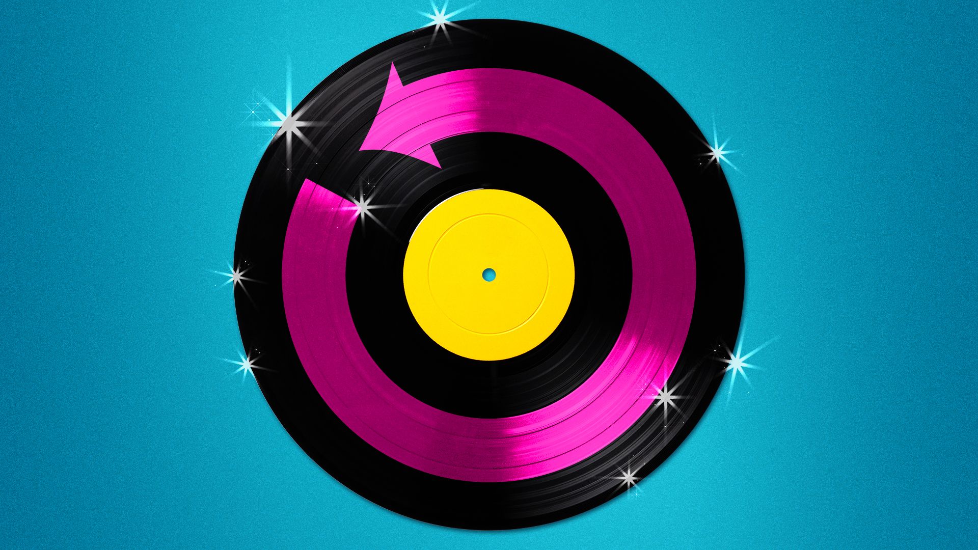 Illustration of a vinyl record with a cyclical arrow on the front surrounded by sparkles.