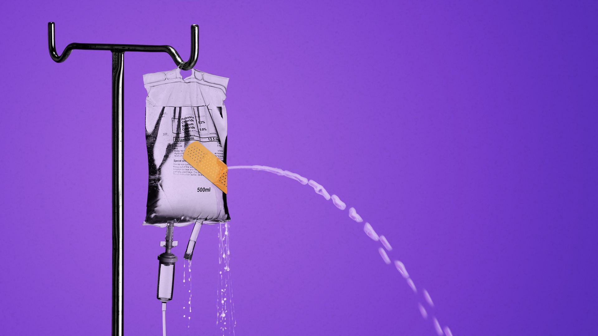 Illustration of a leaking IV bag with a bandage on it and failing to stop the leak.