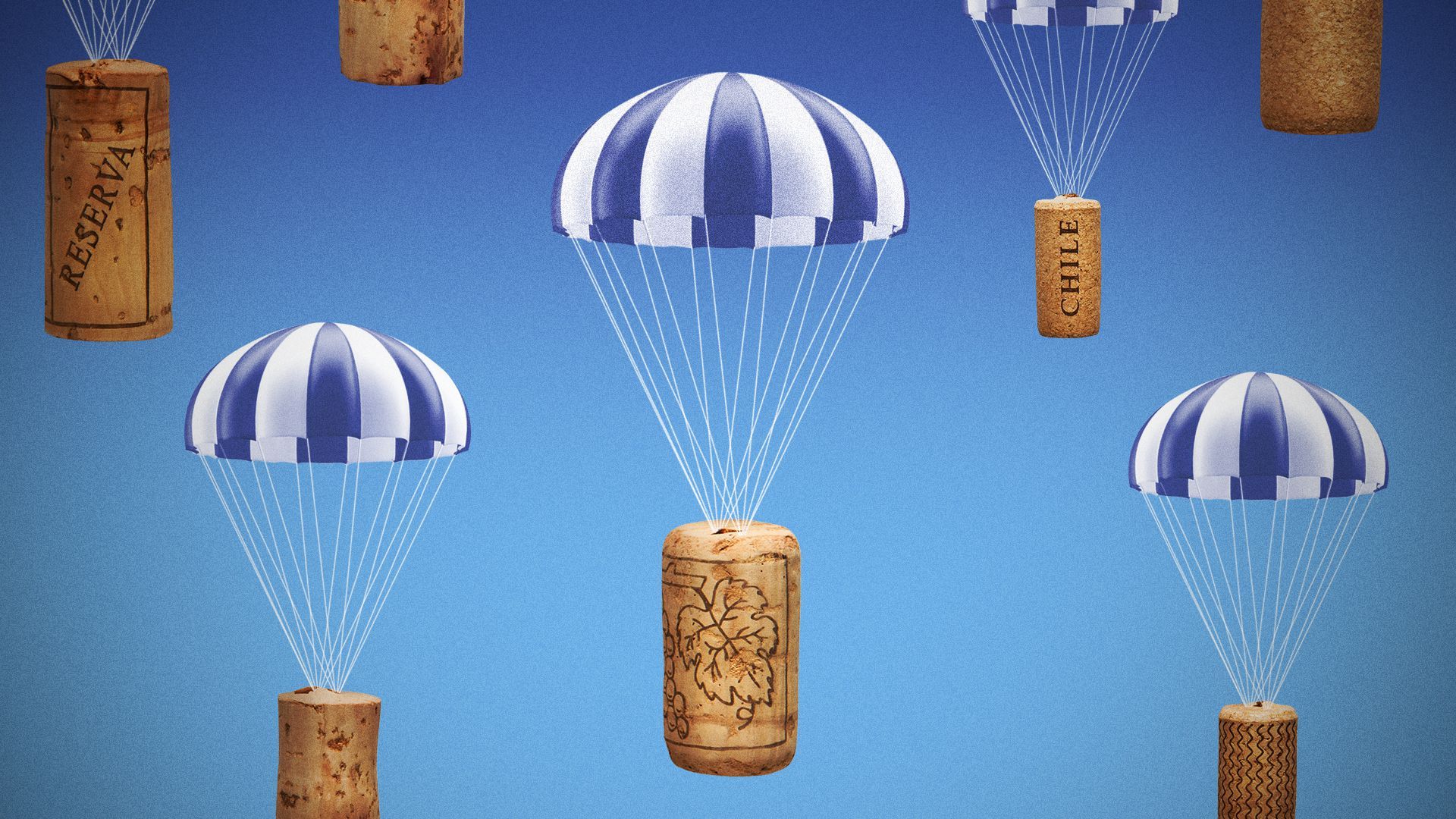 Illustration of wine corks with parachutes. 