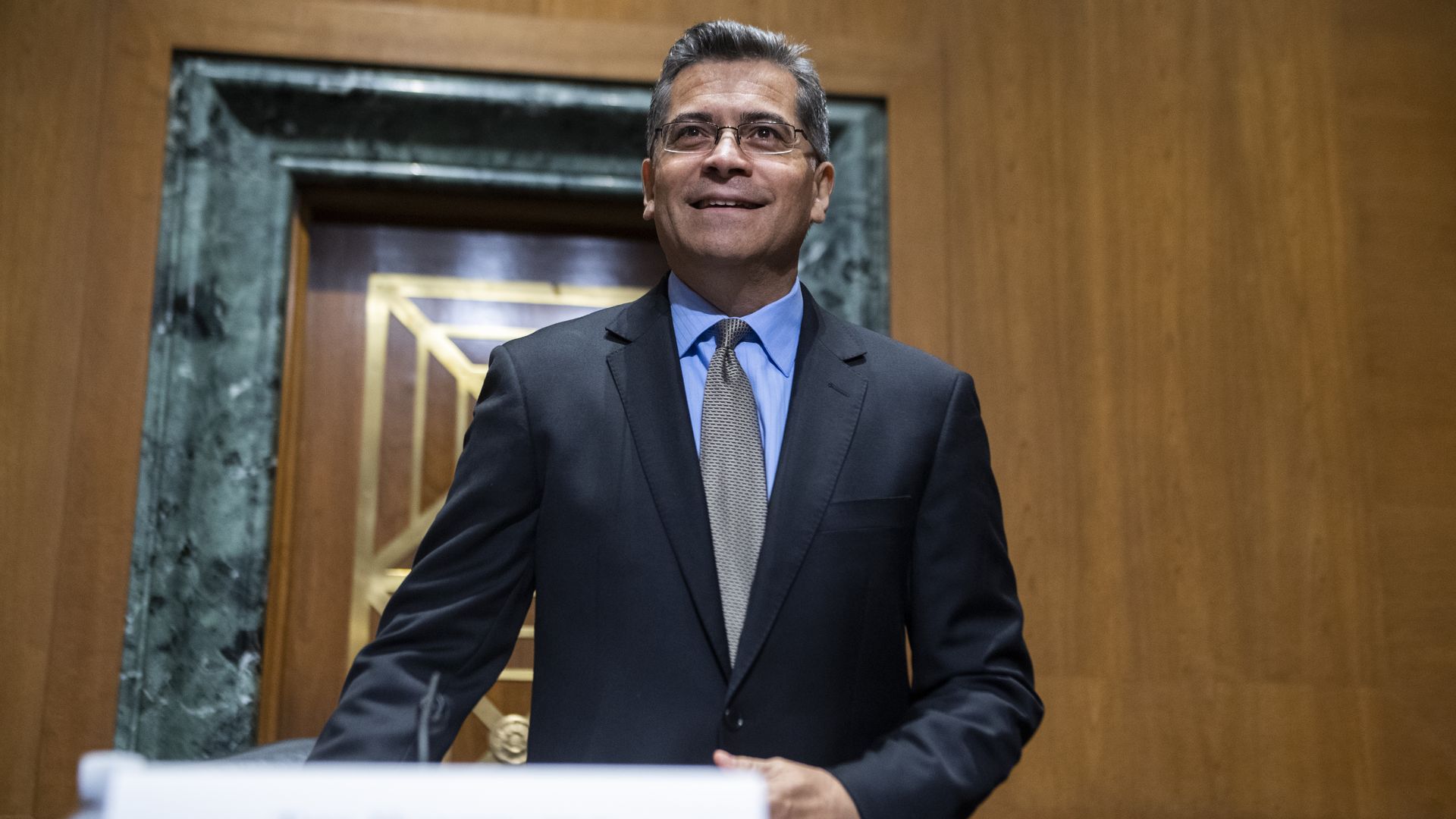 Xavier Becerra, secretary of Health and Human Services, arrives to testify during a Senate Finance Committee