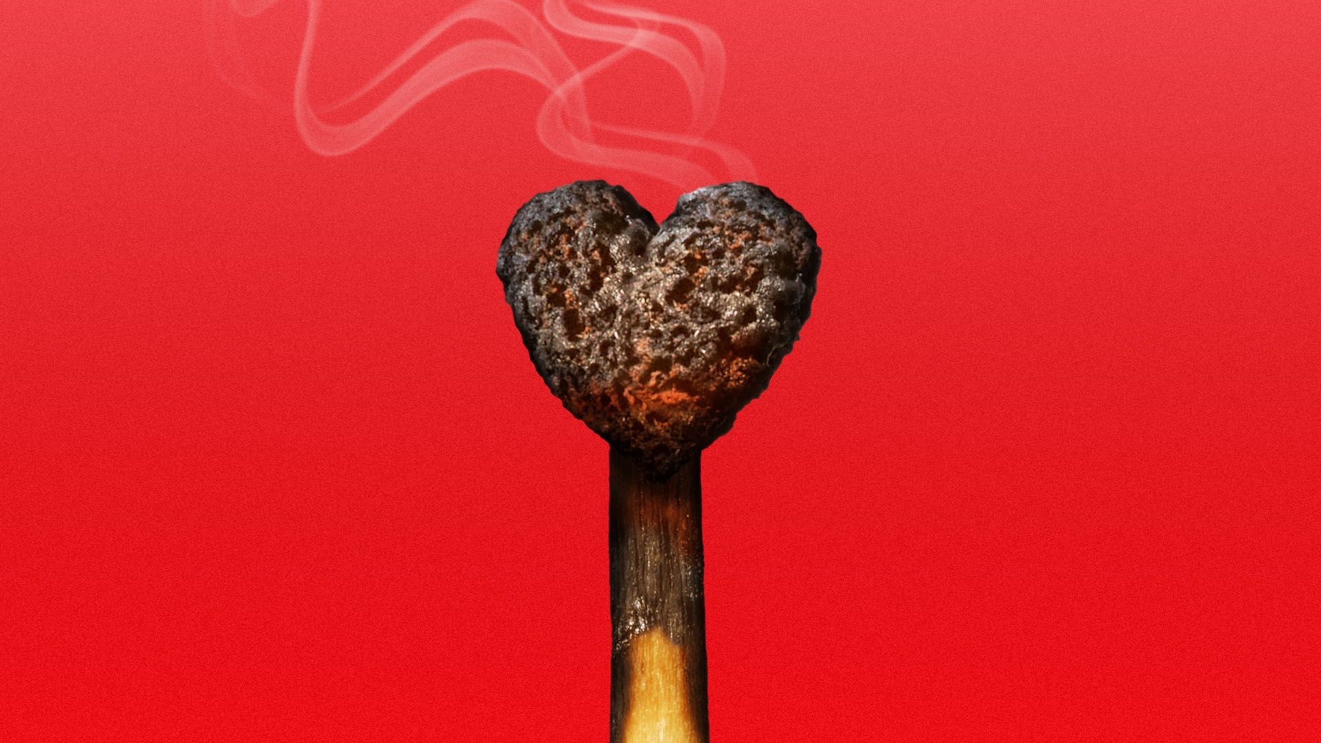 Illustration of a burned out match match in the shape of a heart