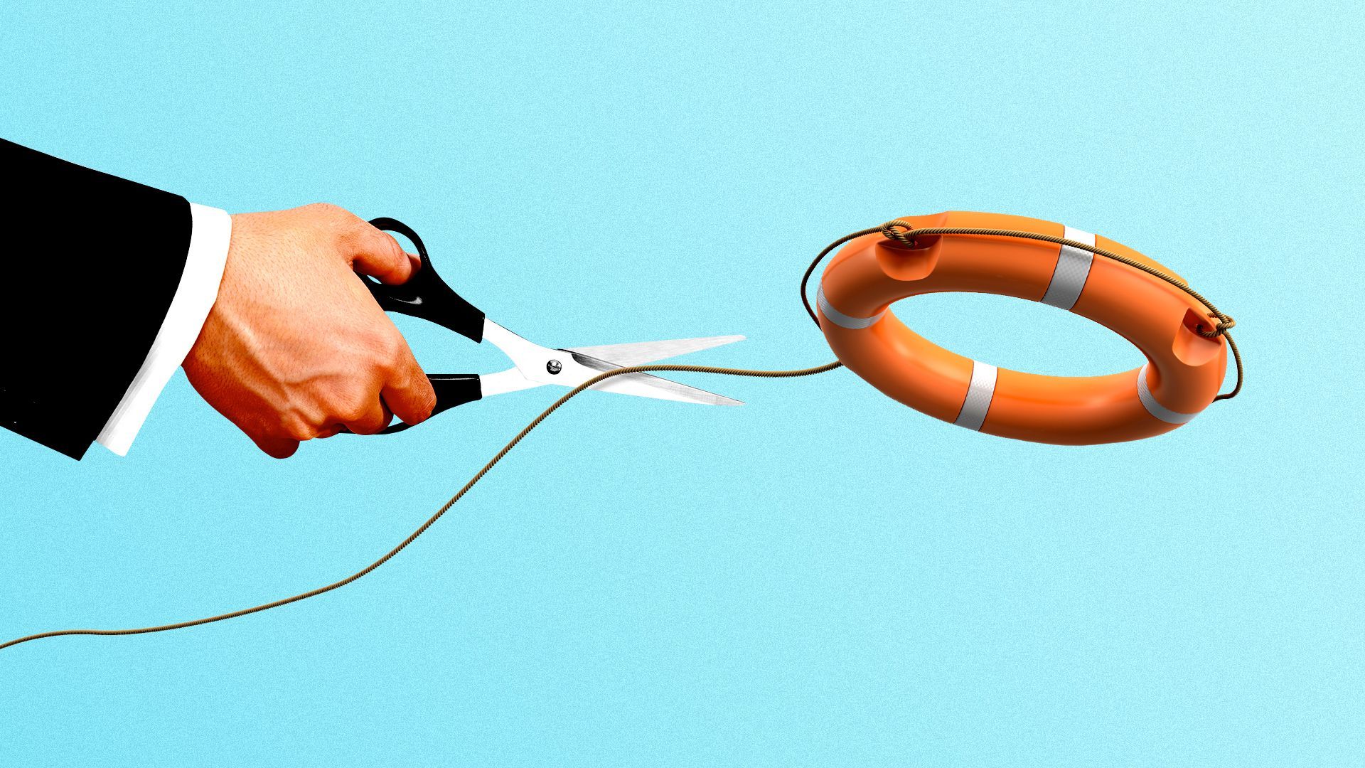 Illustration of a hand with a pair of scissors cutting the rope of a life preserver.   