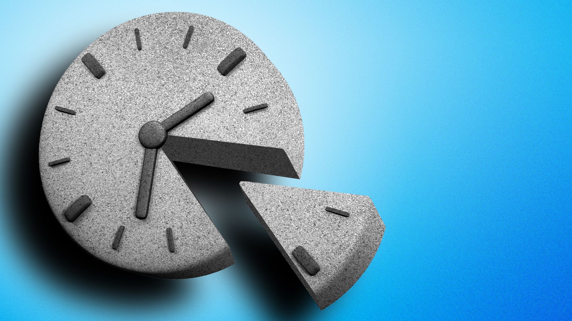 Illustration of a stone clock face with a slice cut out of it like pie