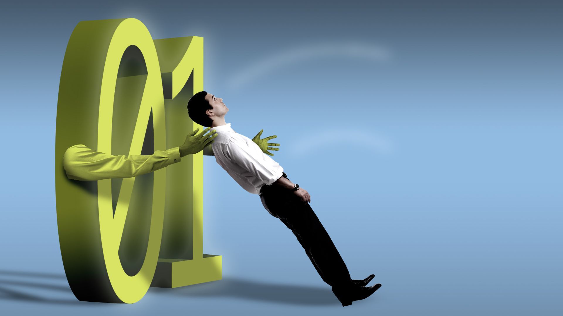 Illustration of a person falling backwards into two large binary code numbers with human arms reaching out to catch 