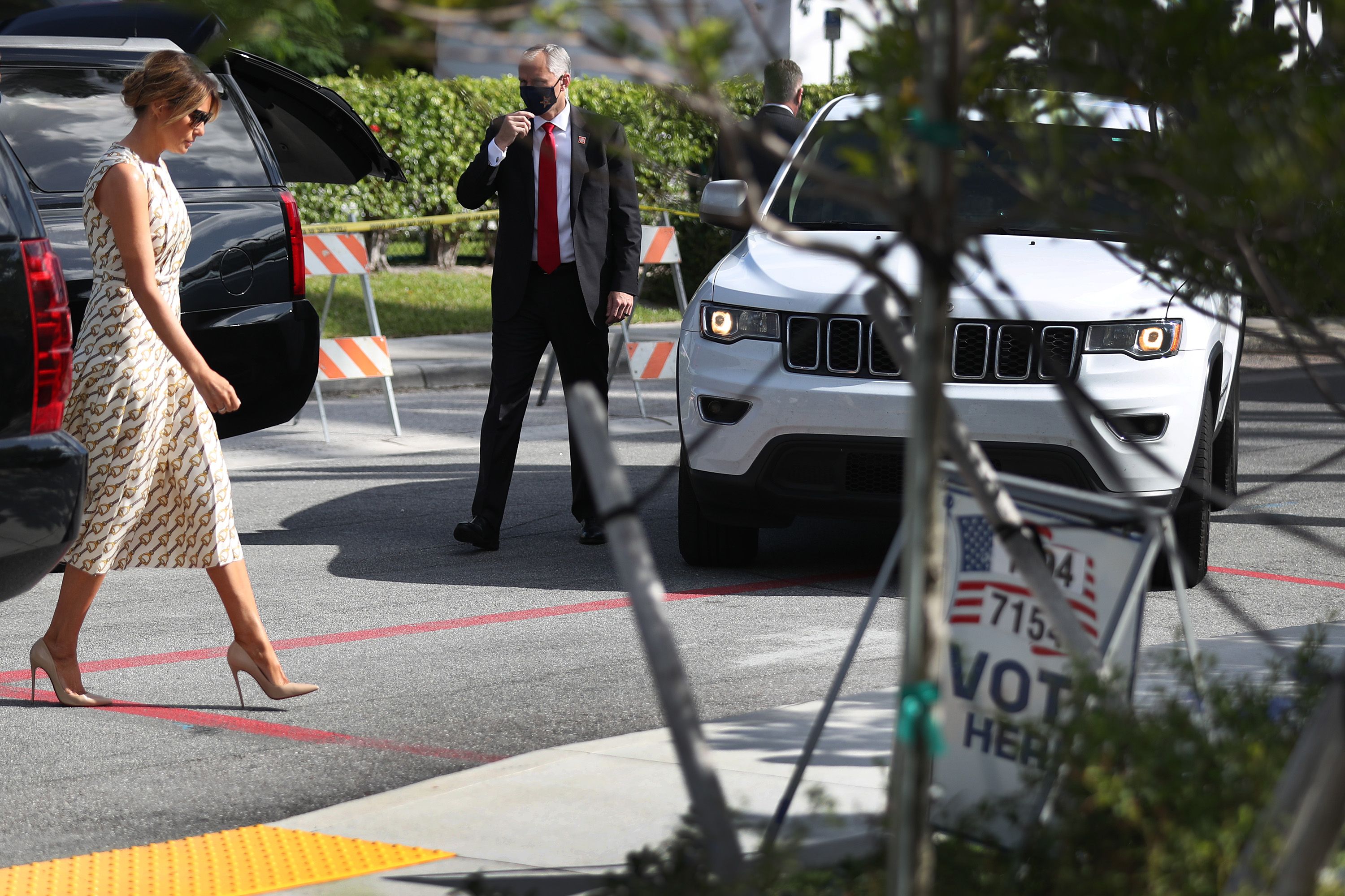First lady Melania Trump arrives to cast her vote at the Morton and Barbara Mandel Recreation Center polling place on November 03, 2020 in Palm Beach, Florida