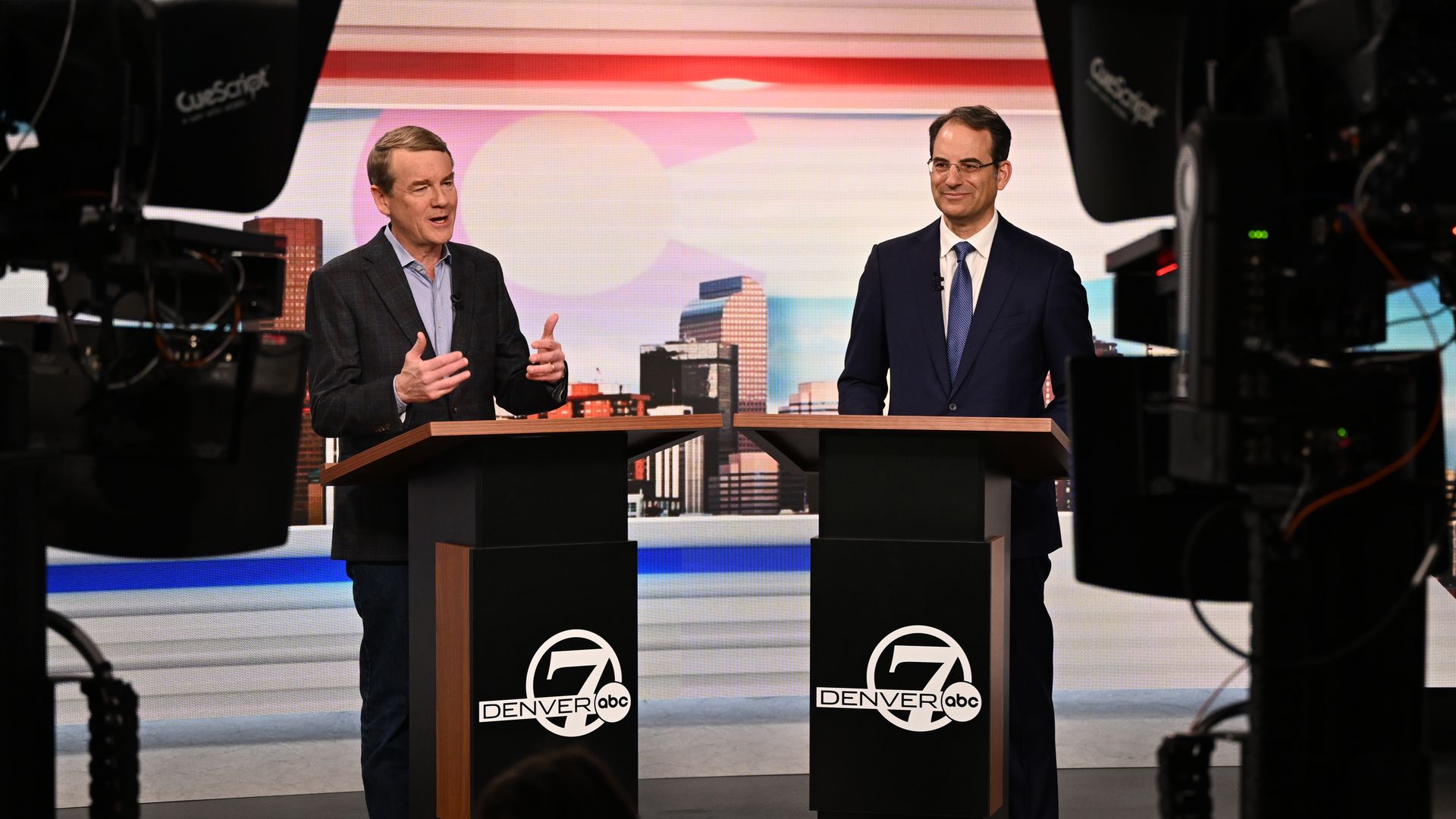 U.S. Sen. Michael Bennet, left, and Attorney General Phil Weiser at the first televised debate inside the Denver7 studios Thursday. Photo: RJ Sangosti/Denver Post via Getty Images