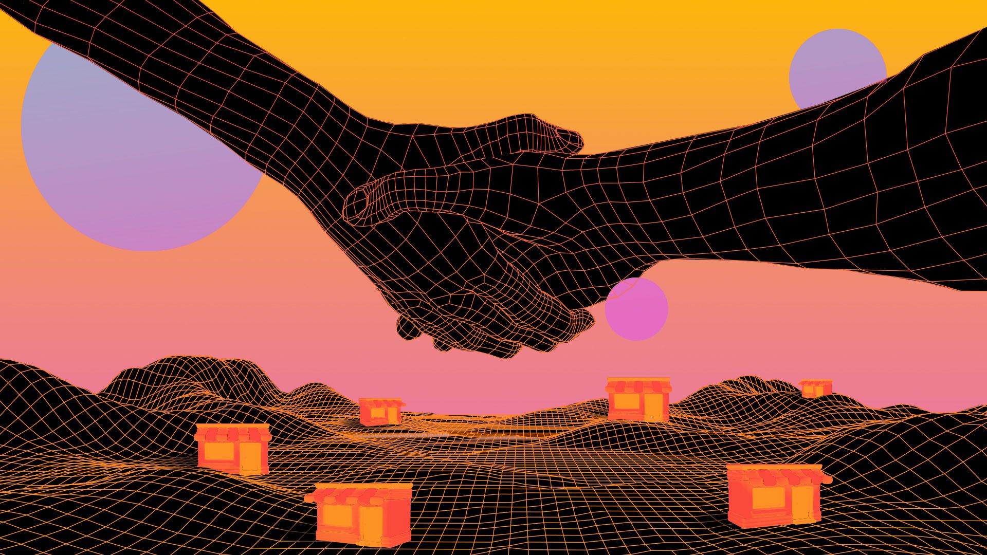 Illustrated collage of a pair of hands shaking above a wireframe landscape populated with 3d shops. 