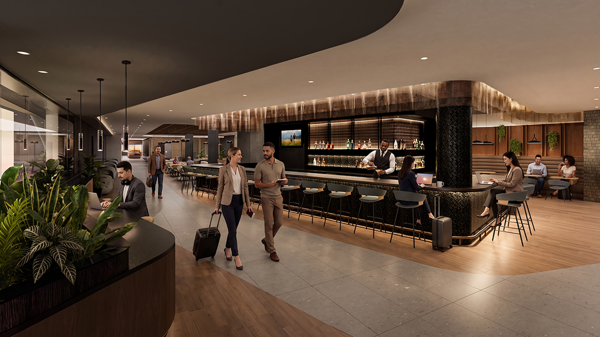Modern lounge and bar with a curved black marble counter, high stools, warm lighting, and people chatting. A couple walks with luggage while a man works on a laptop near lush plants.