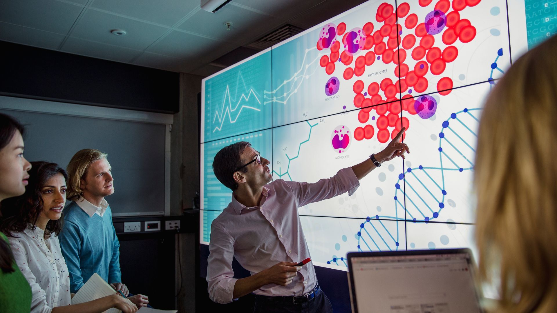 A man points at a large digital screen showing red blood cells, neutrophils, monocytes, and a DNA helix while three people attentively watch during a scientific presentation.