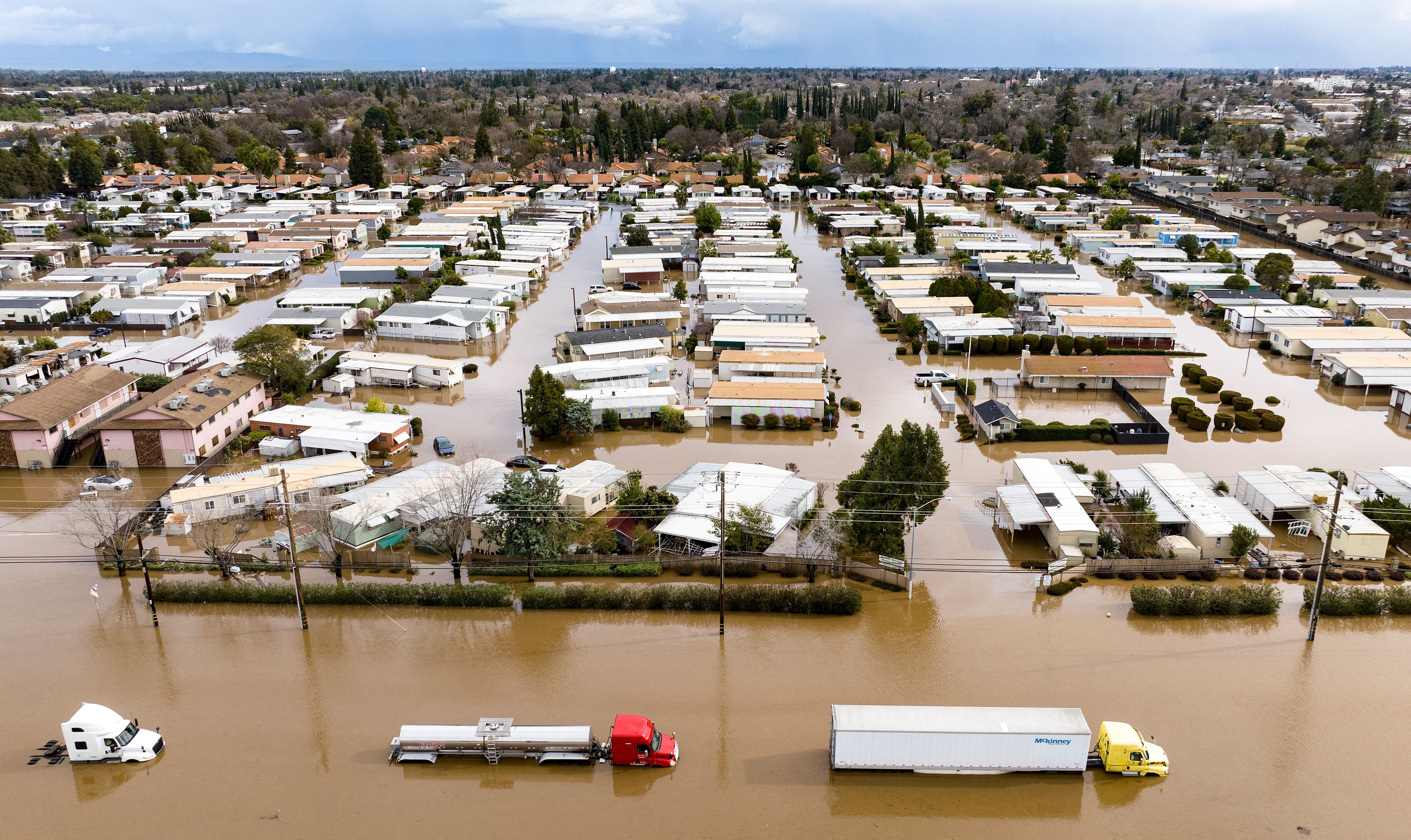  This aerial view shows a flooded neighborhood in Merced, California on January 10, 2023.