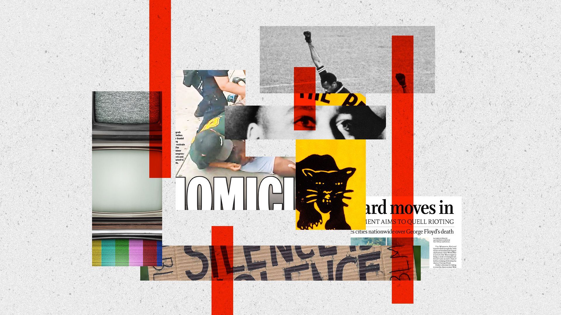 Photo illustration of media, Black Lives Matter protests, Emmett Till, the Daily News cover of Eric Garner's death, a Black power pin, olympic athletes on podium, a Star Tribune cover.