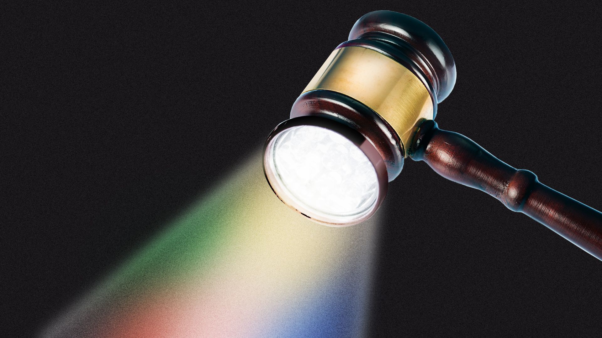 Illustration of a gavel with a flashlight head on one end, with its light filled with Google colors