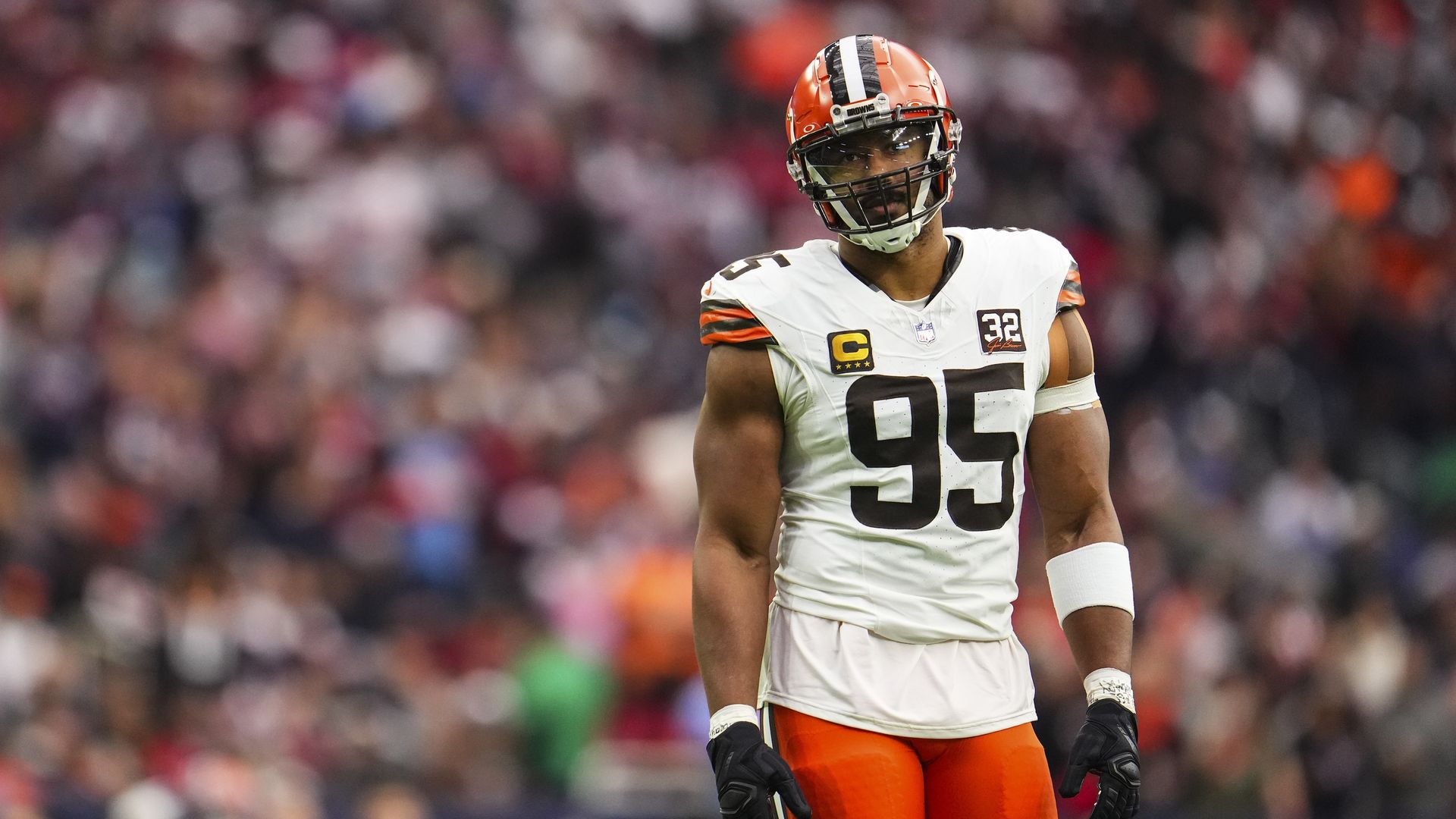 Myles Garrett of the Browns stands on the field. 
