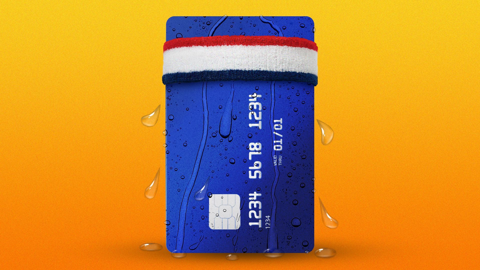 Illustration of a credit card wearing a sweatband and dripping sweat.