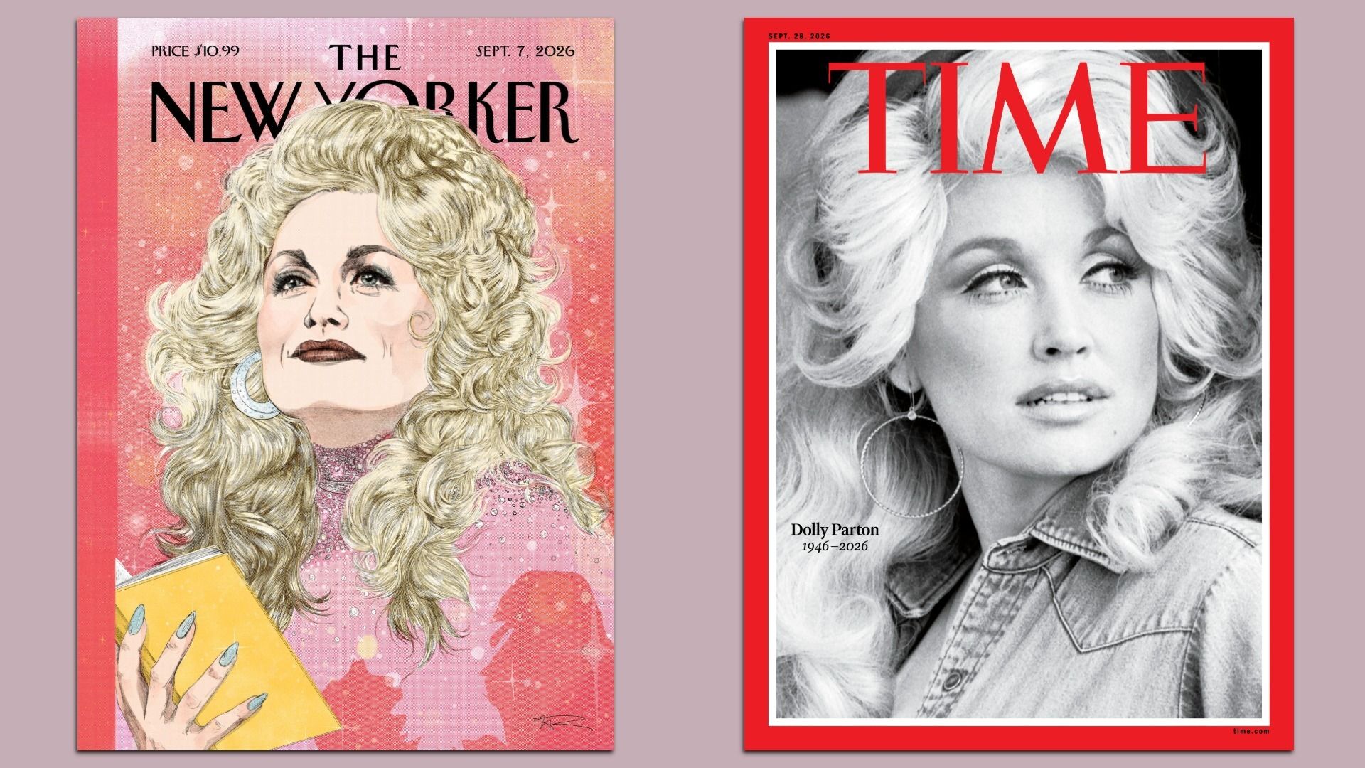 Two magazine covers side by side: left "The New Yorker" pink cover with Dolly Parton; right "Time" red-bordered black-and-white portrait of Dolly Parton