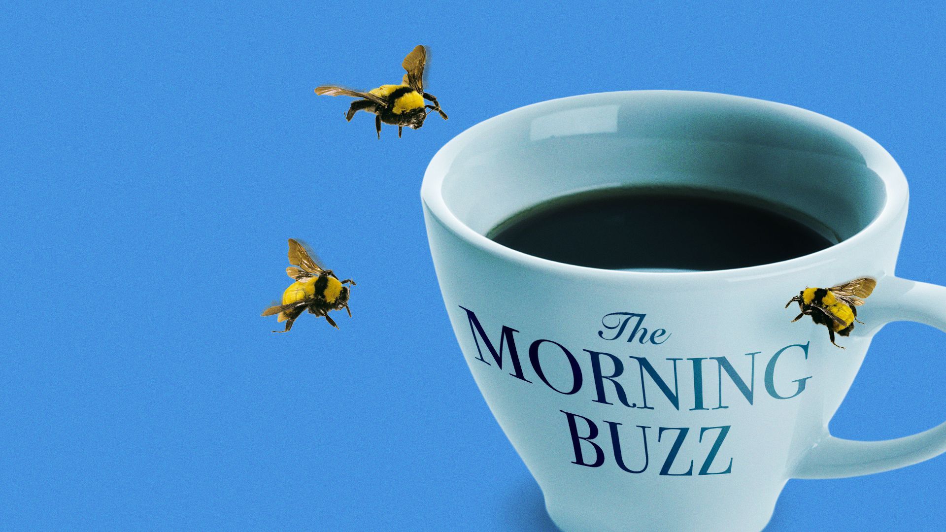 Illustration of a coffee mug that says "The Morning Buzz" with bees flying around. 