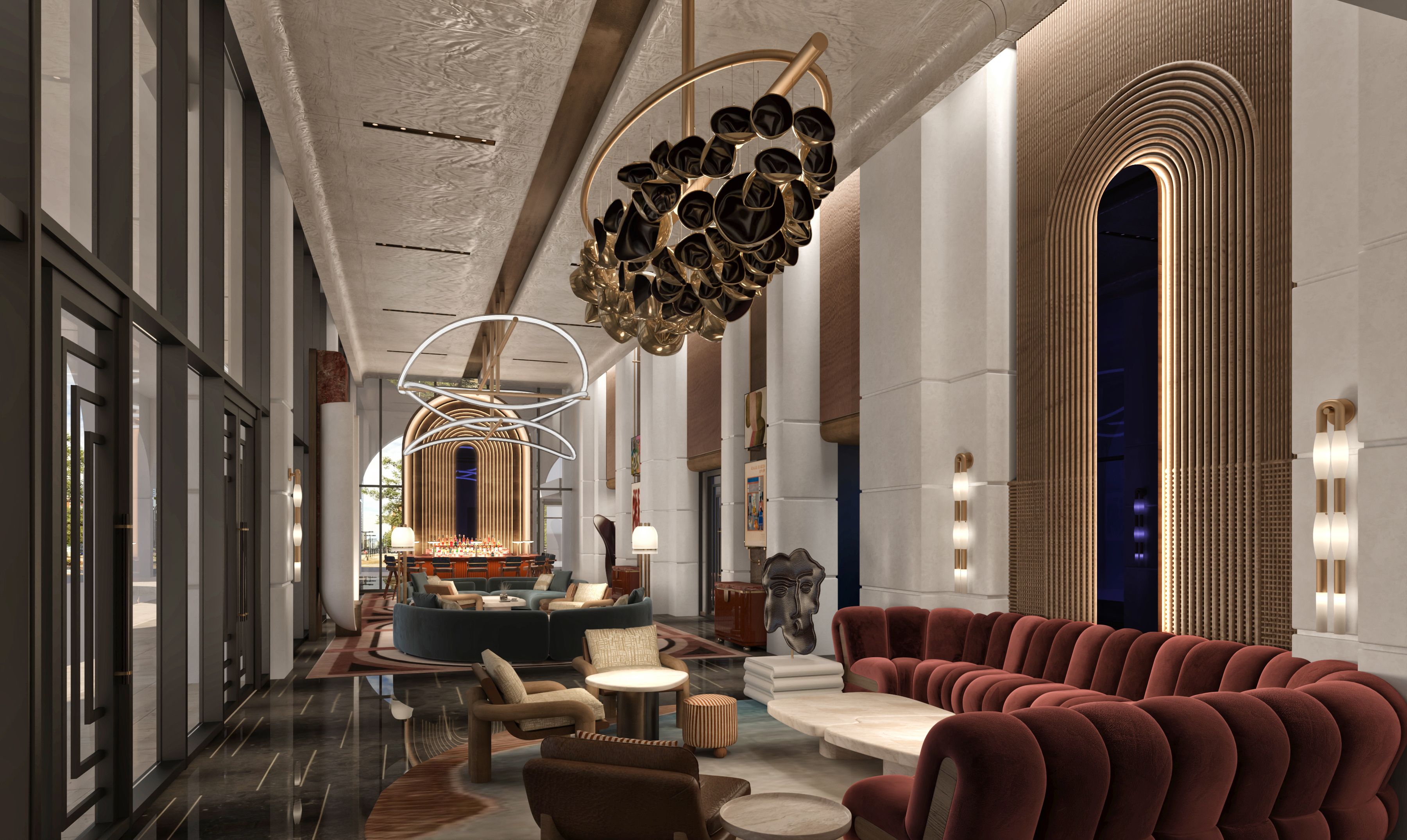 Luxurious hotel lobby with a long corridor, gold ribbed arch and dark blue window on the right, a red curved sofa, marble tables, and a dramatic gold-and-black petal chandelier; glass doors left.