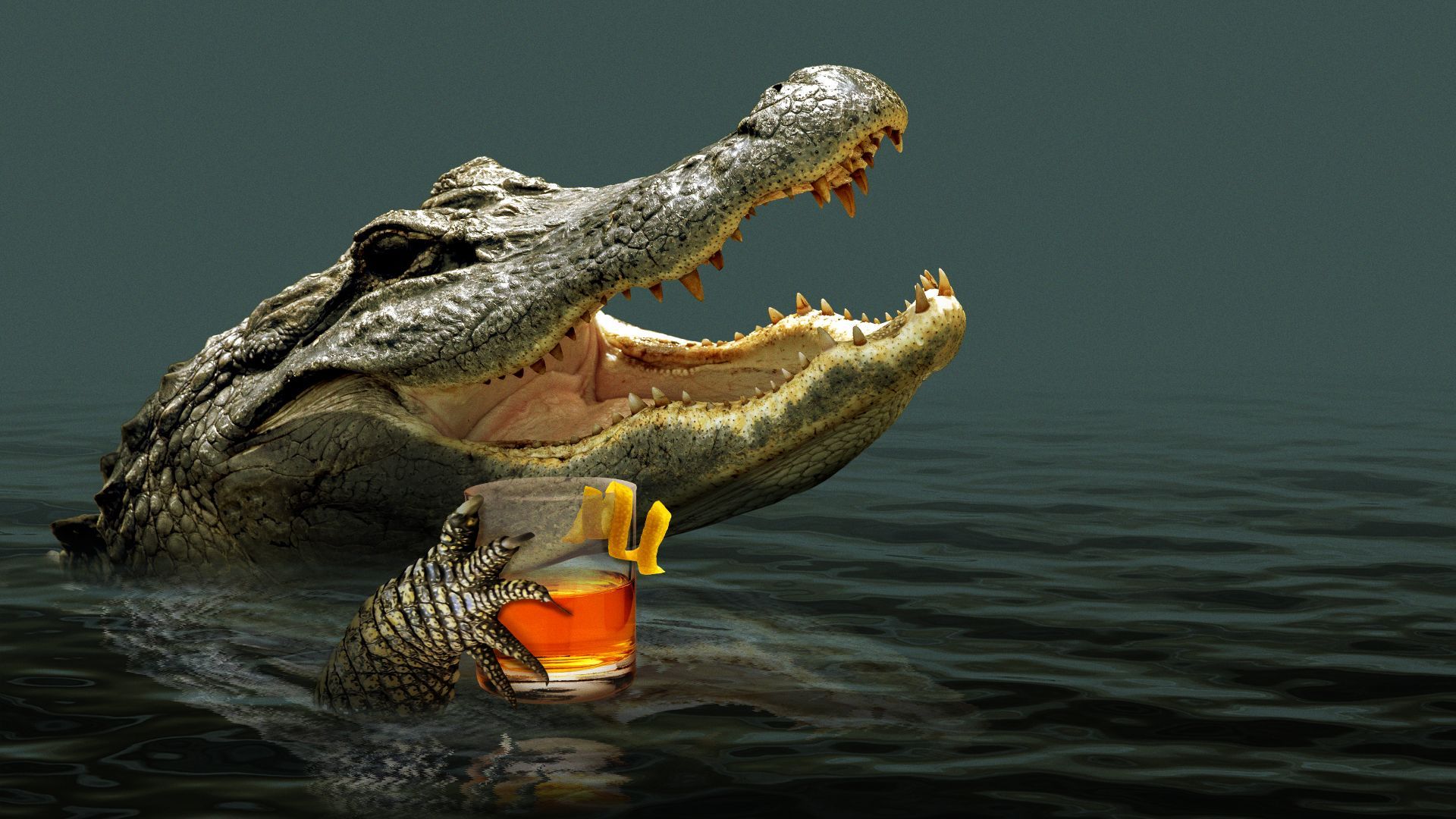 Illustration of an alligator holding a Sazerac cocktail.