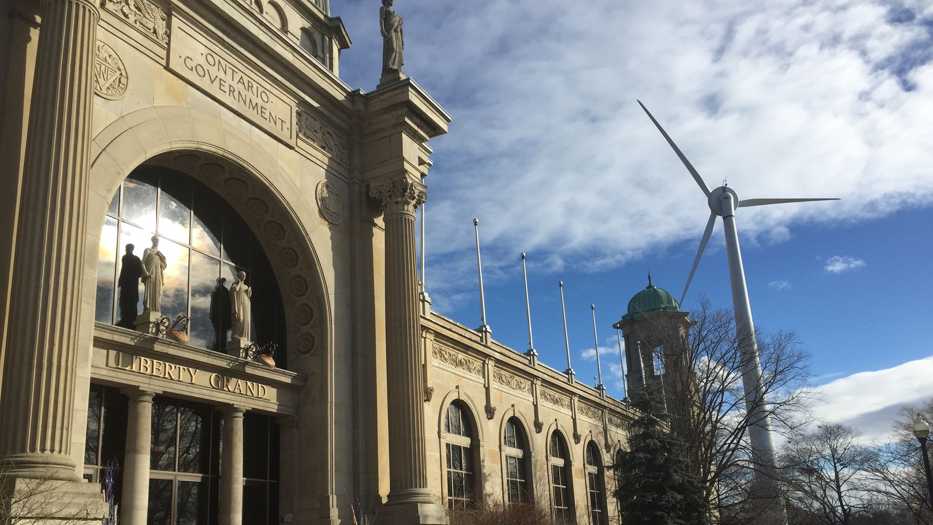 A wind turbine outside Liberty Grand Entertainment Complex in Toronto, Ontario, Canada.
