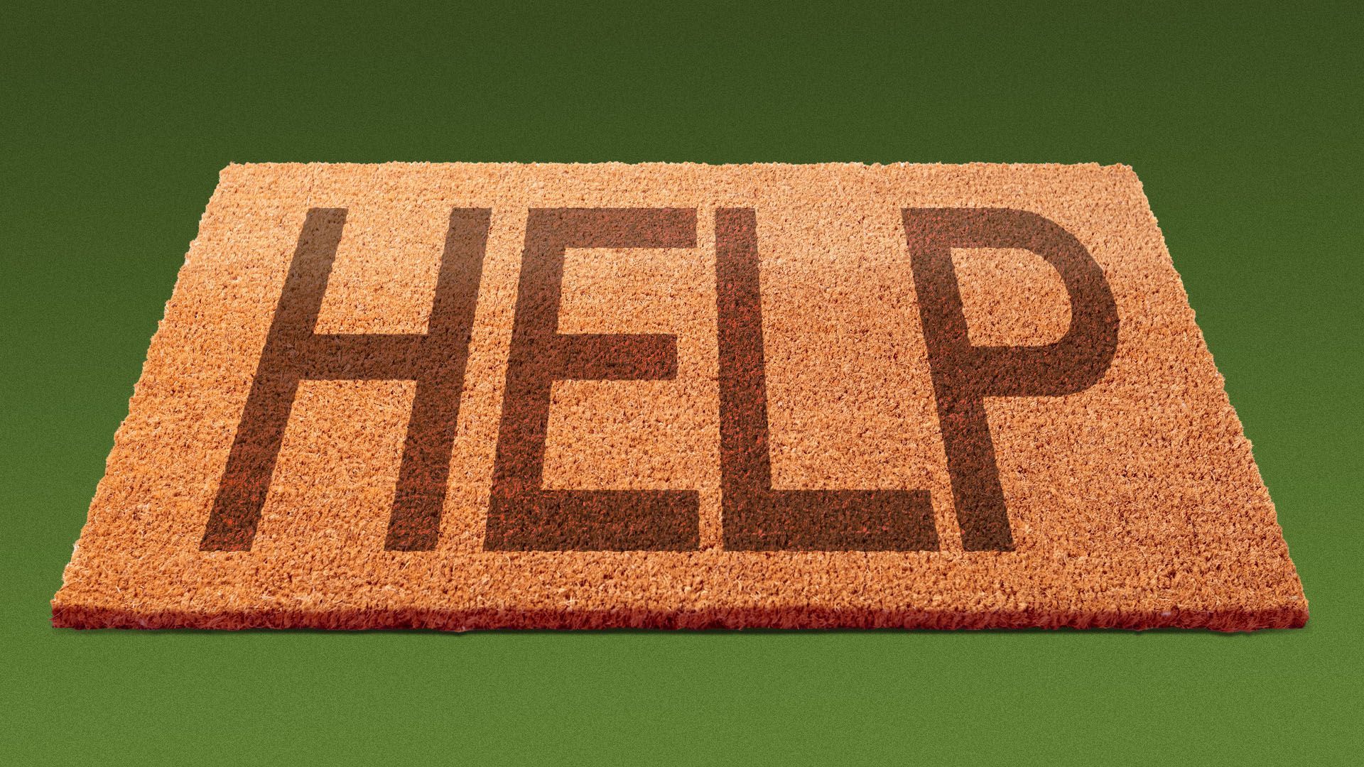 Illustration of a welcome mat that reads "help"