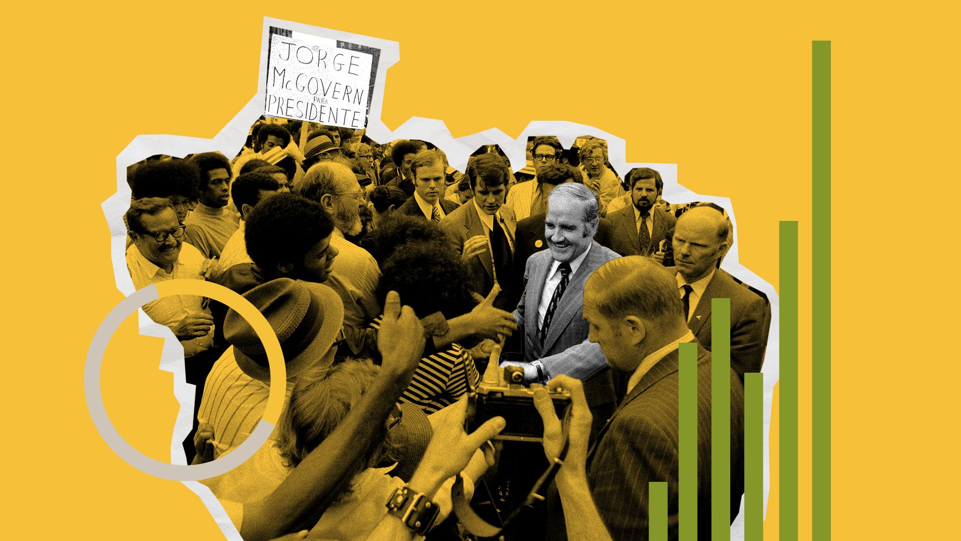 Illustrated collage of archival photography and data visualization elements.