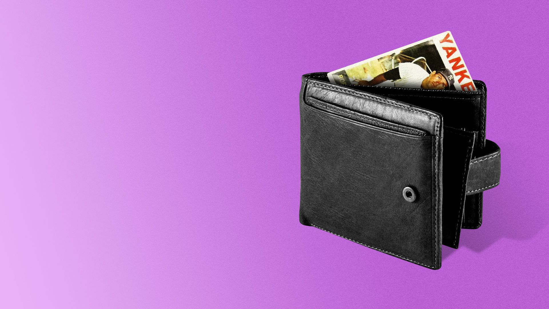 Illustration of a wallet with a baseball trading card inside of it.