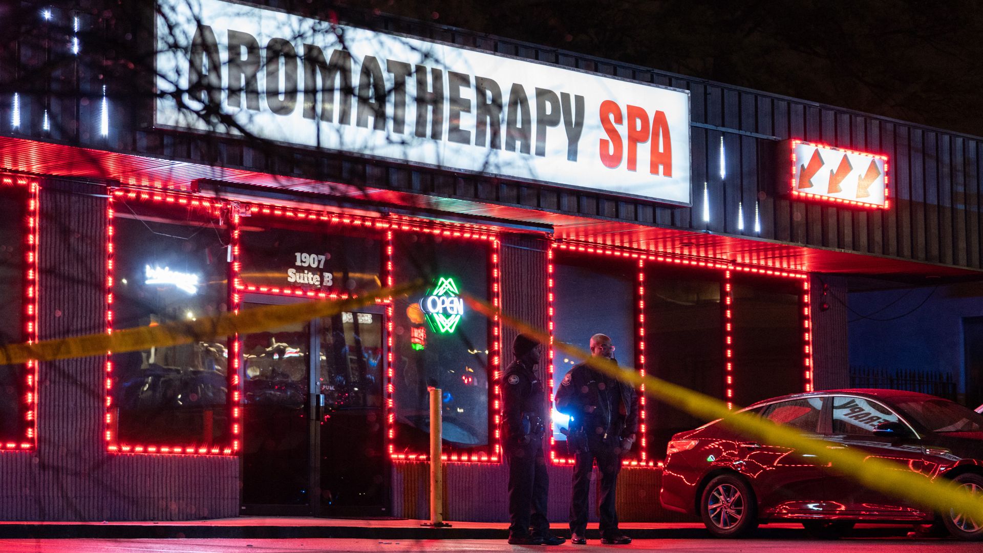  Law enforcement personnel are seen outside a massage parlor where a person was shot and killed on March 16, 2021, in Atlanta, Georgia. 