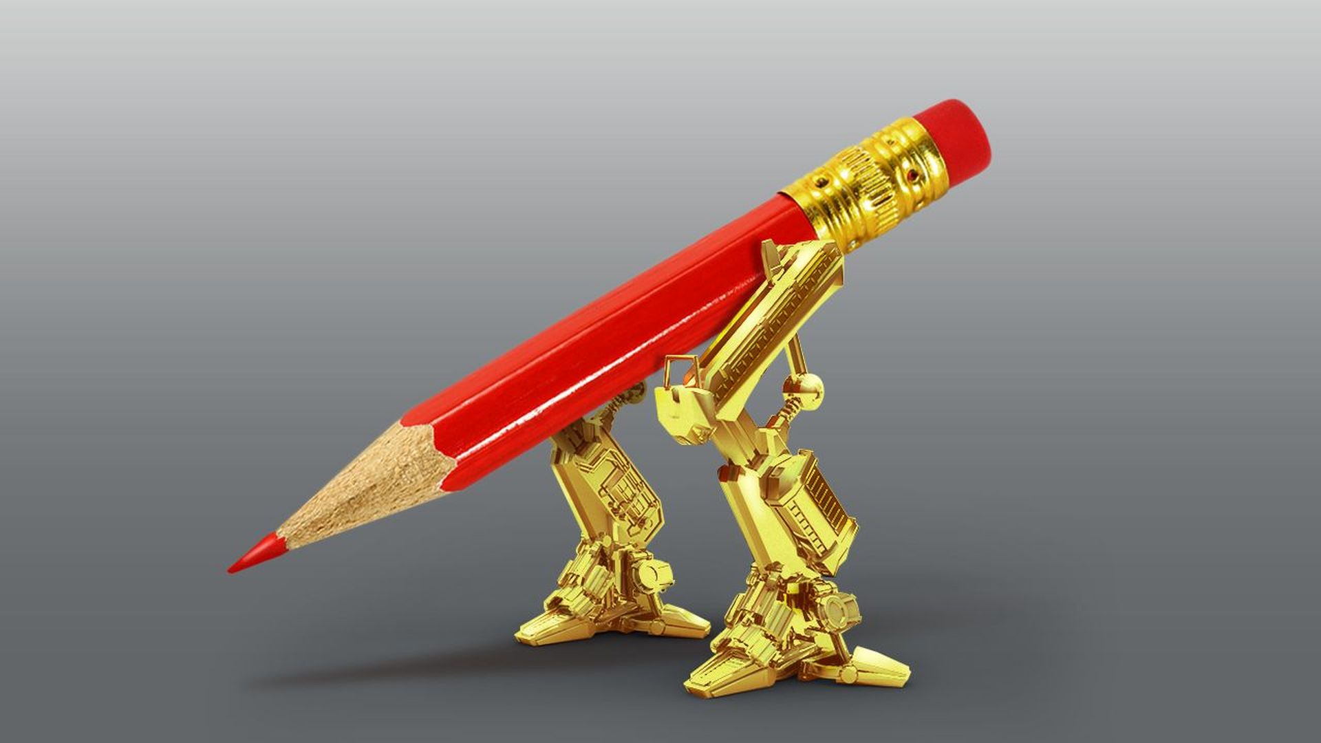 Illustration of a red pencil with gold robotic legs