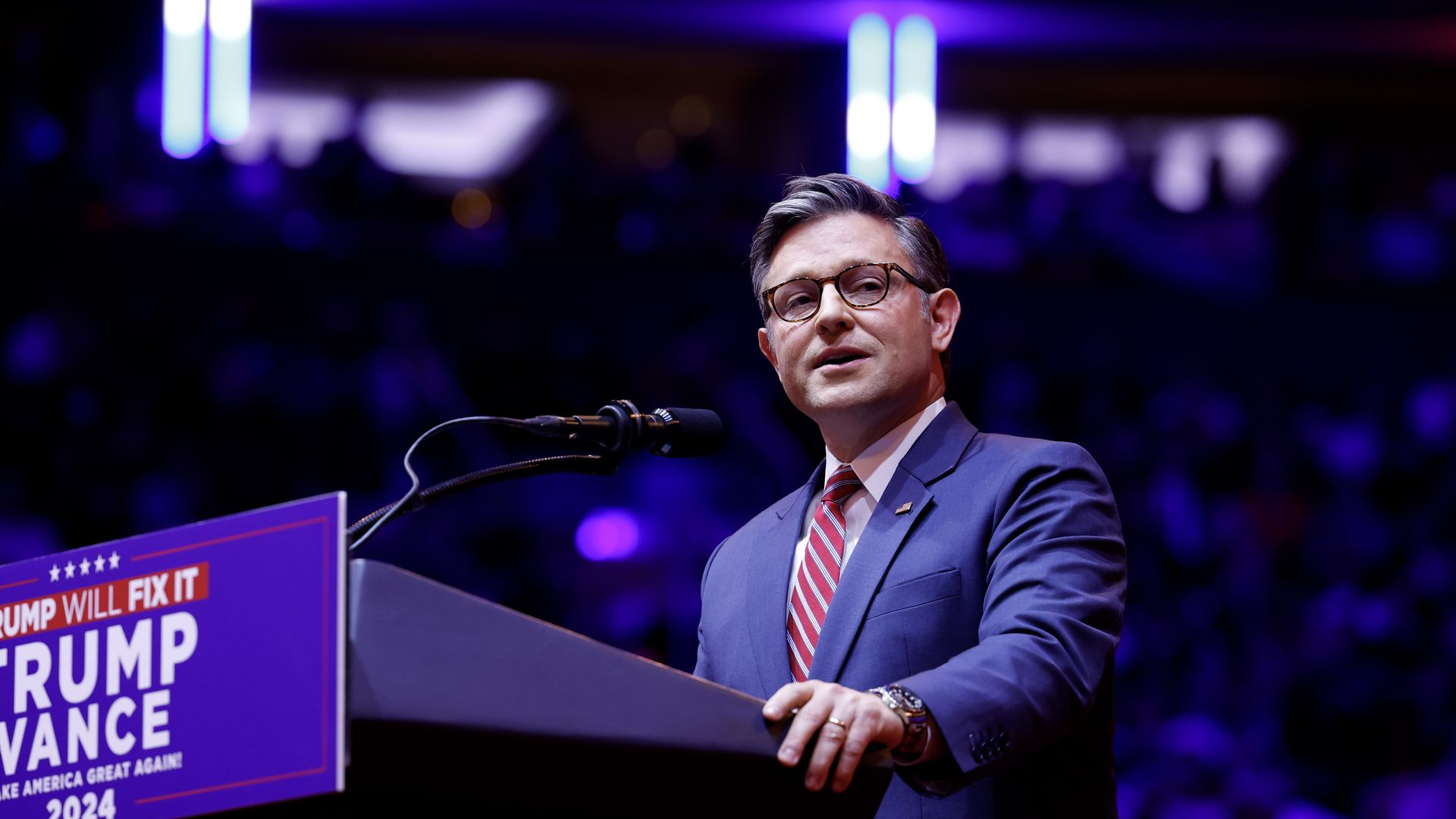 NEW YORK, NEW YORK - OCTOBER 27: Speaker of the House Rep. Mike Johnson (R-LA) speaks before Republican presidential nominee, former U.S. President Donald Trump takes the stage at the campaign rally at Madison Square Garden on October 27, 2024 in New York City. Trump closed out his weekend of campai