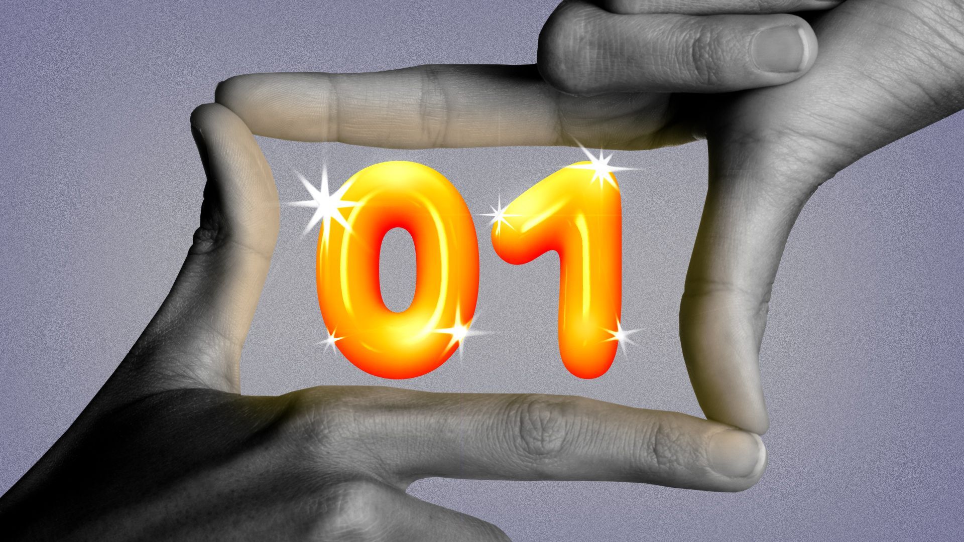 Illustration of two hands making a camera frame shape around sparkly balloon numbers "01".