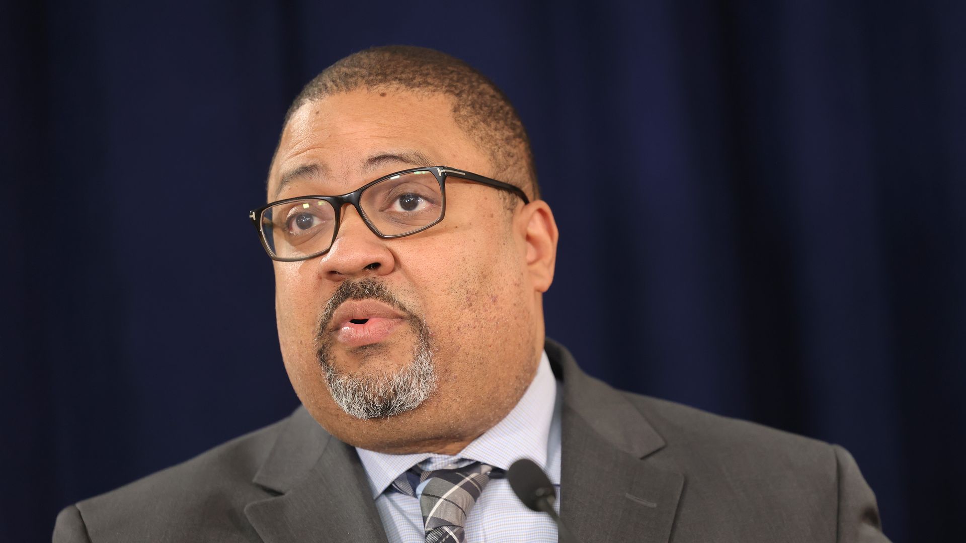 Manhattan District Attorney Alvin Bragg speaks during a press conference at the Louis J. Lefkowitz State Office Building on March 21, 2024 in New York City. 